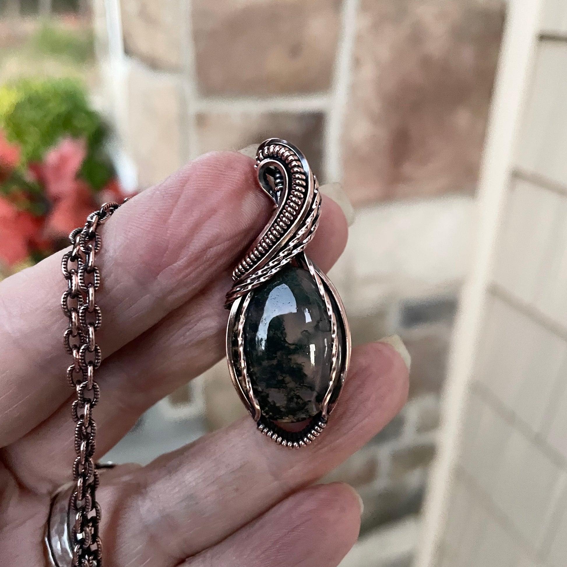 Moss Agate Oval Copper Pendant