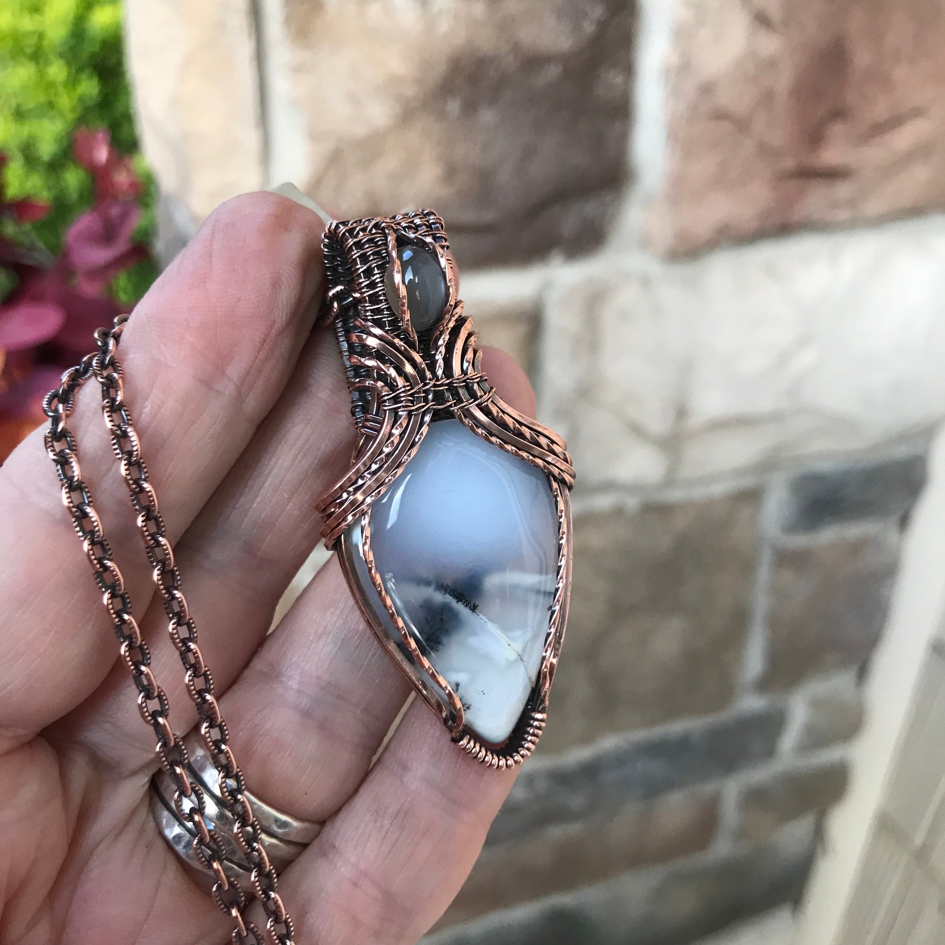 Dentritic Agate & Gray Moonstone Copper Necklace with Weaving