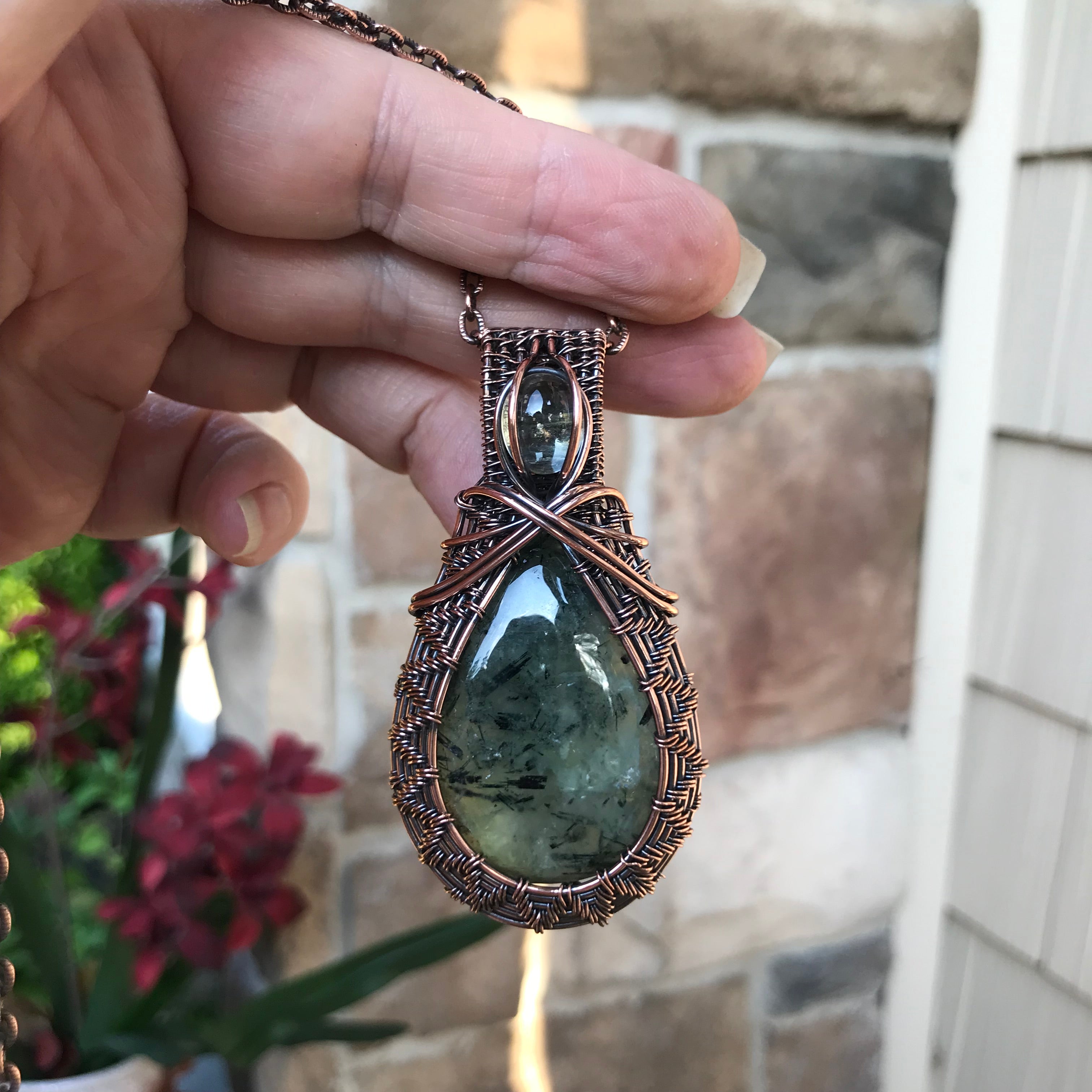 Prehnite & Prasiolite Woven Copper Pendant