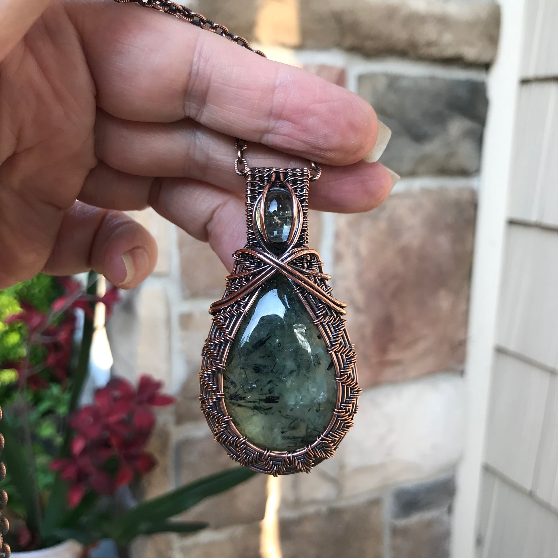 Prehnite & Prasiolite Woven Copper Pendant