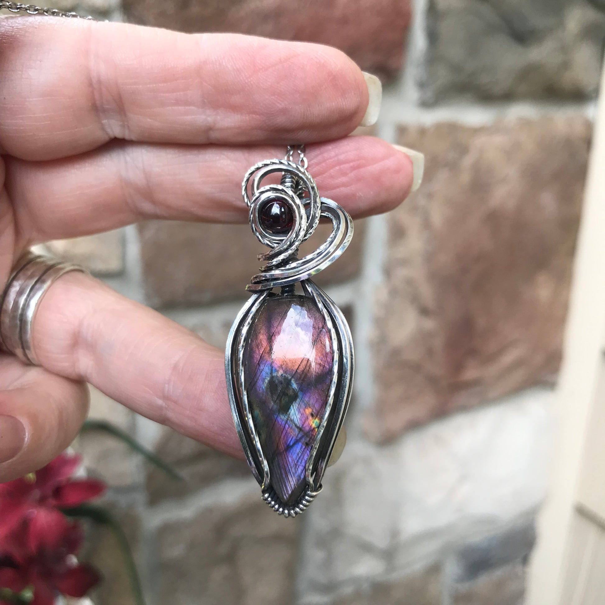 Maroon Amber Labradorite & Garnet Sterling Silver Pendant