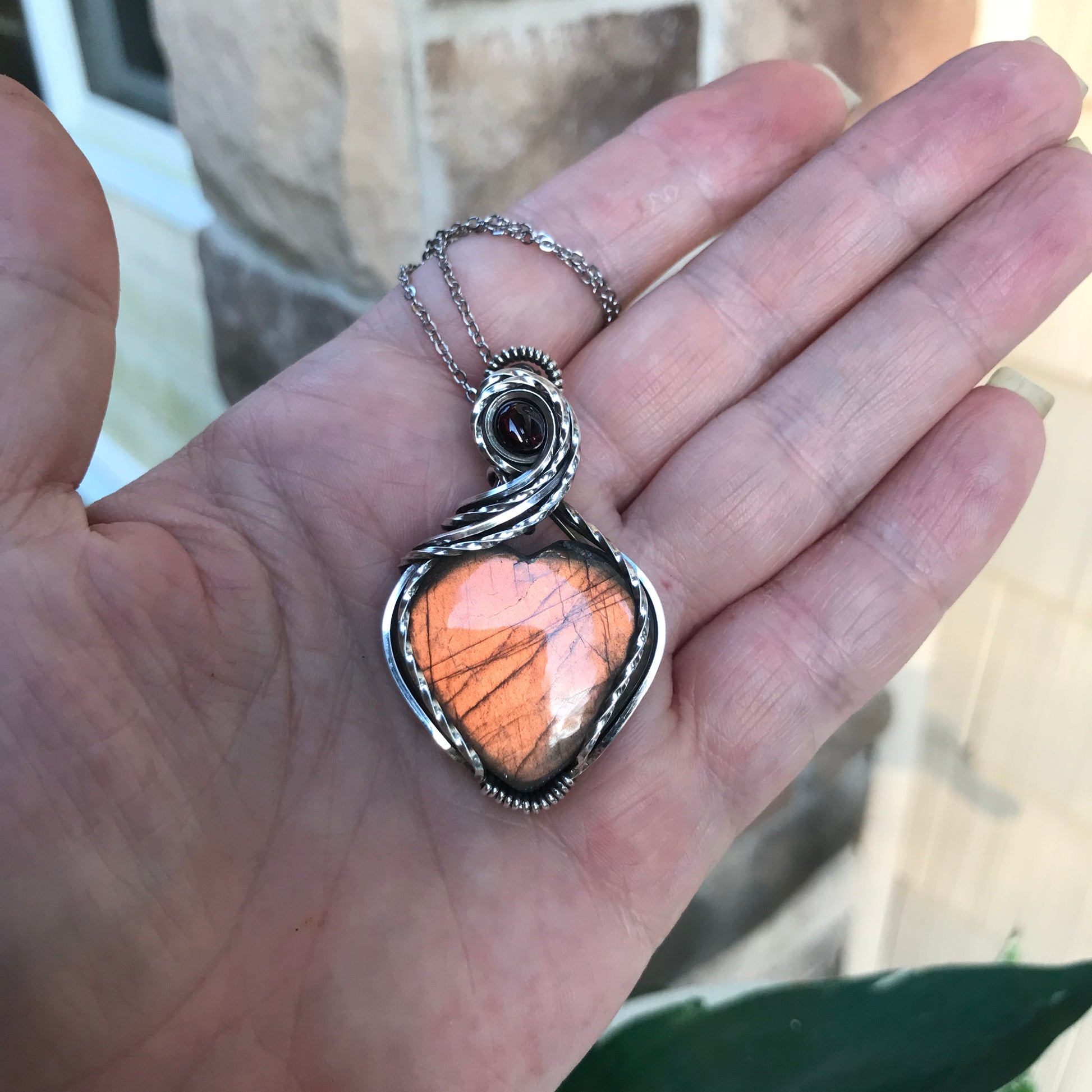 RESERVED FOR T. - Golden Amber Labradorite & Garnet Silver Pendant