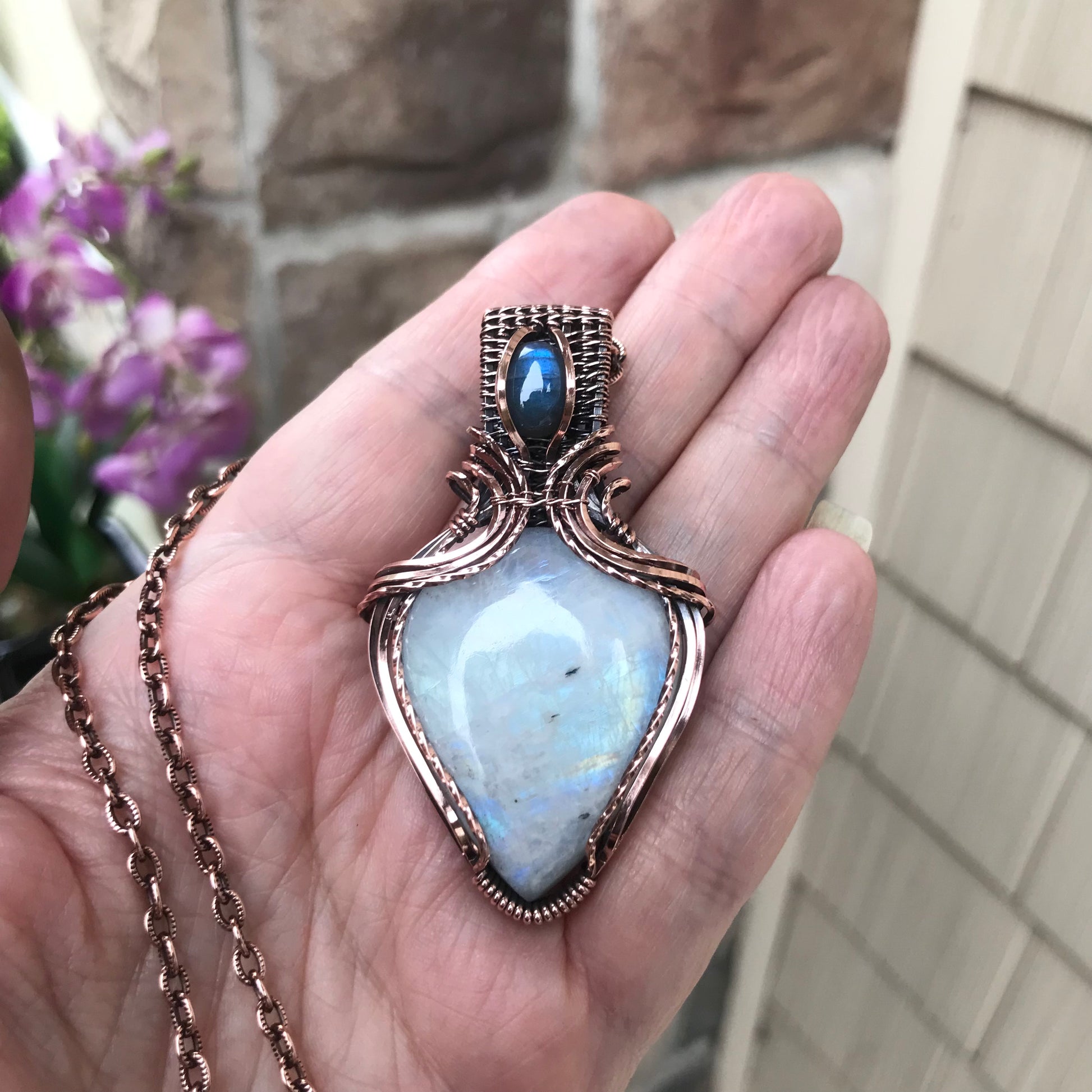 Moonstone & Blue Labradorite Copper Necklace with Weaving