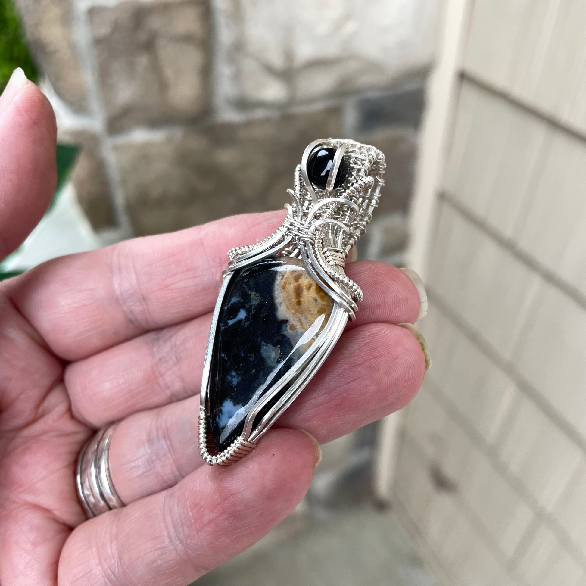 CUSTOM - Petrified Palm Root Agate & Onyx Silver Necklace