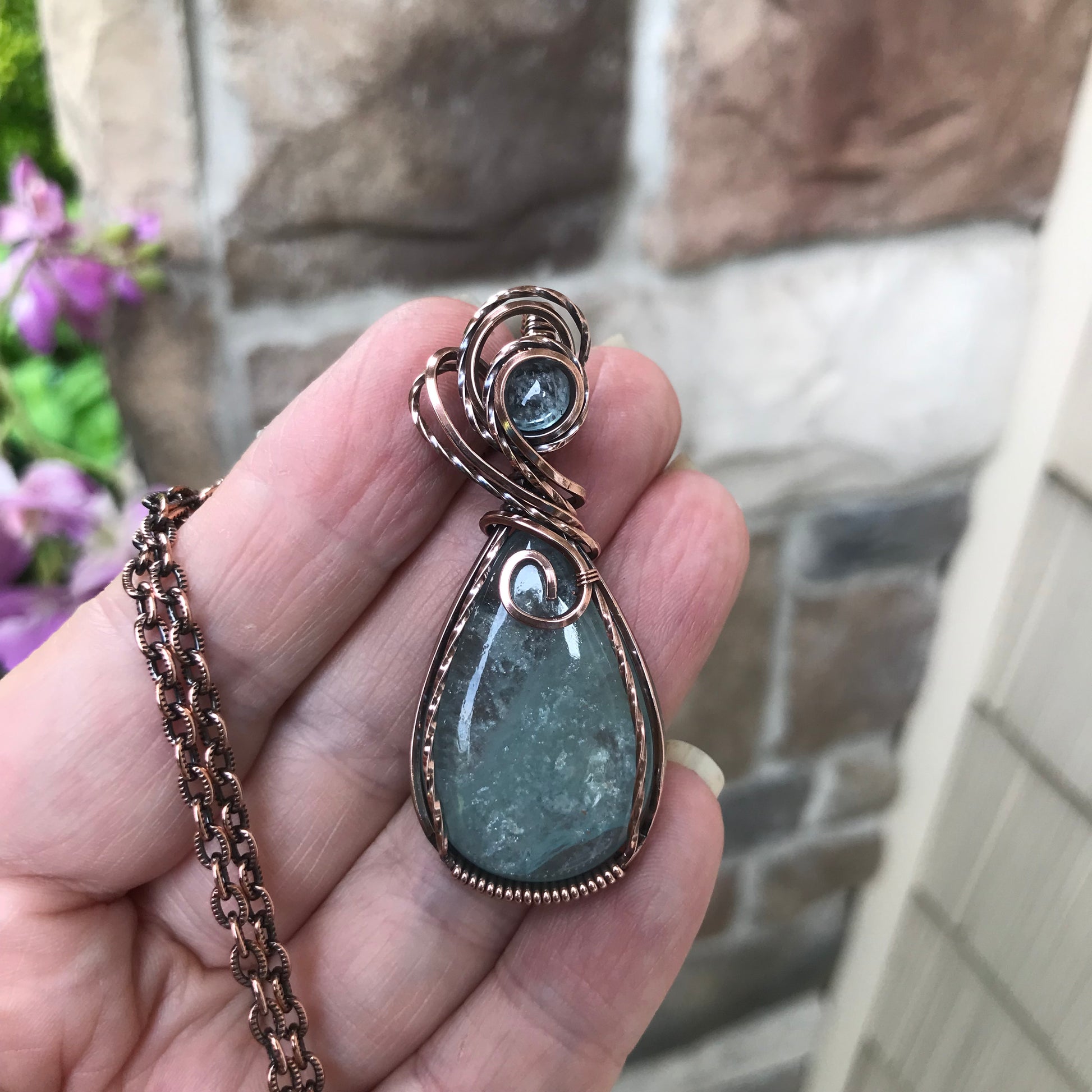 Aquamarine Swirly Teardrop Copper Pendant
