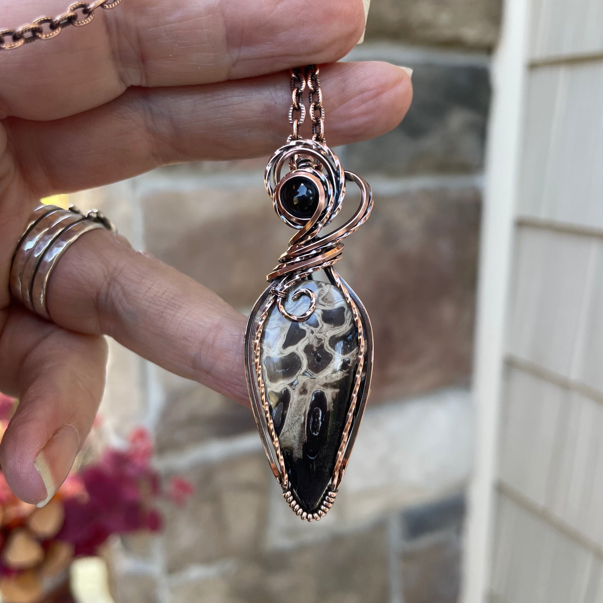 Petrified Palm Wood & Smoky Quartz Copper Necklace