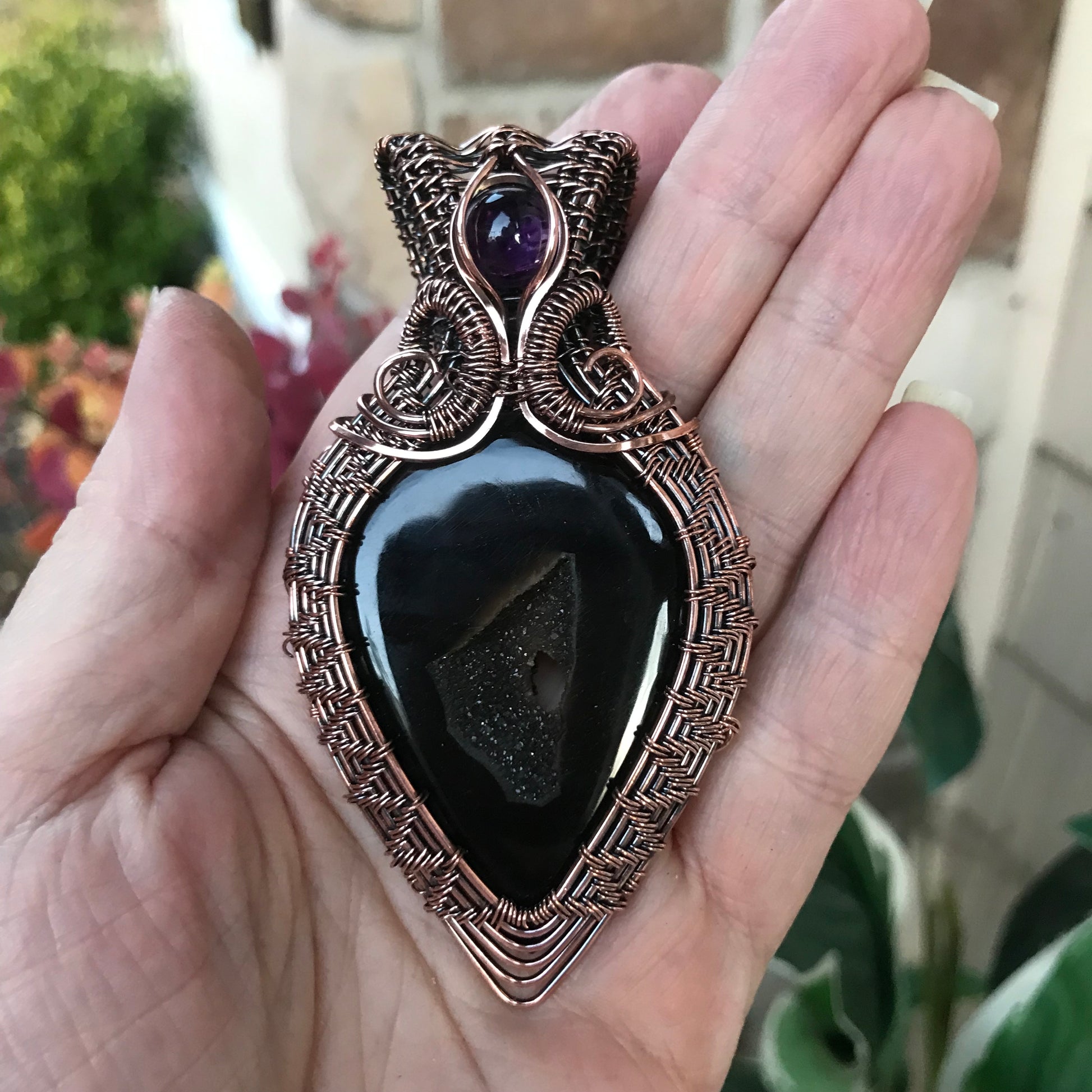 Onyx Druzy & Amethyst Woven Copper Necklace