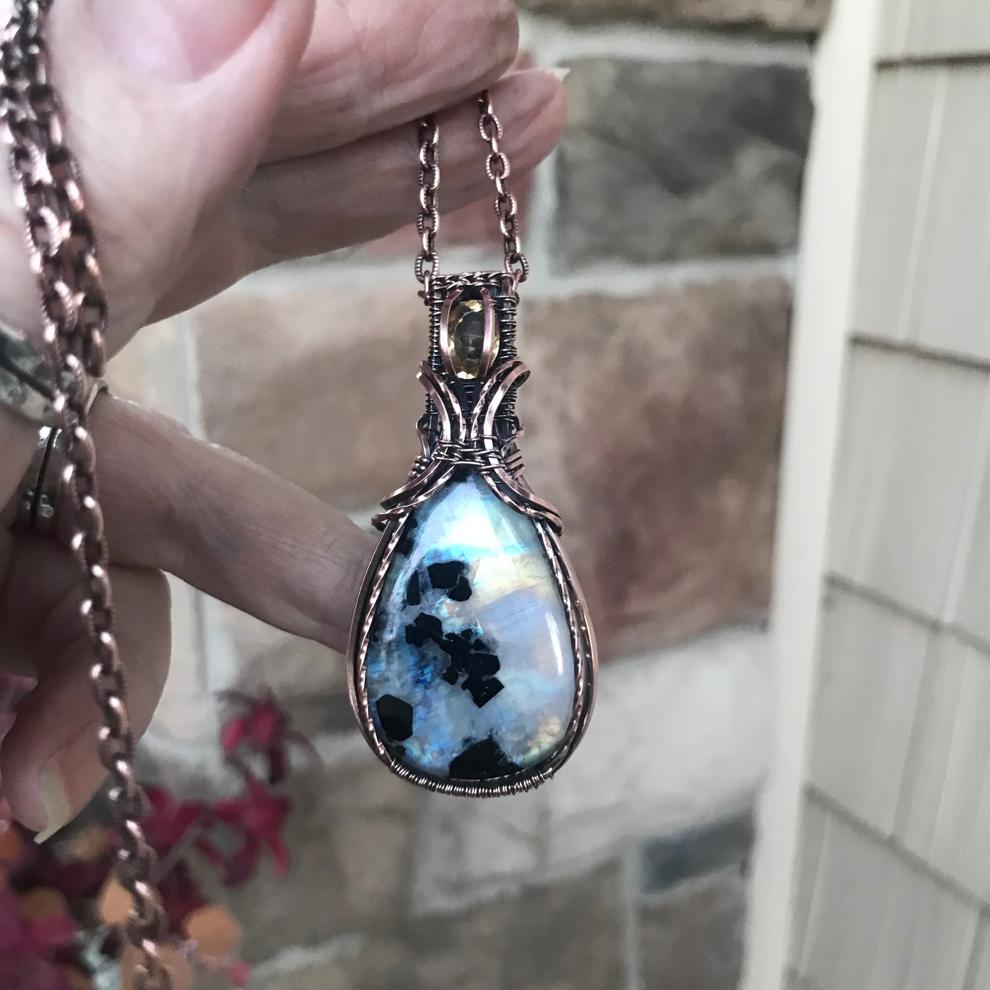 Moonstone with Black Tourmaline & Citrine Copper Necklace