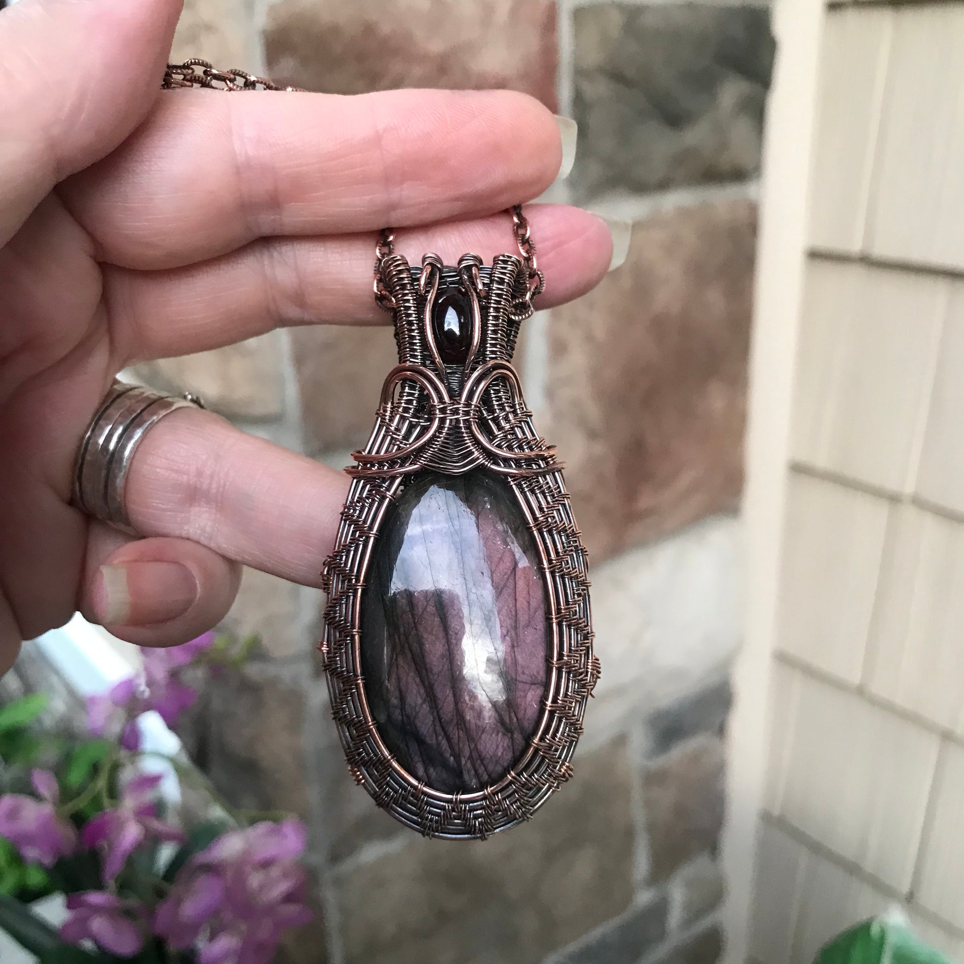 Purple mauve labradorite copper wire weave woven pendant with garnet by Moonlet Jewelry