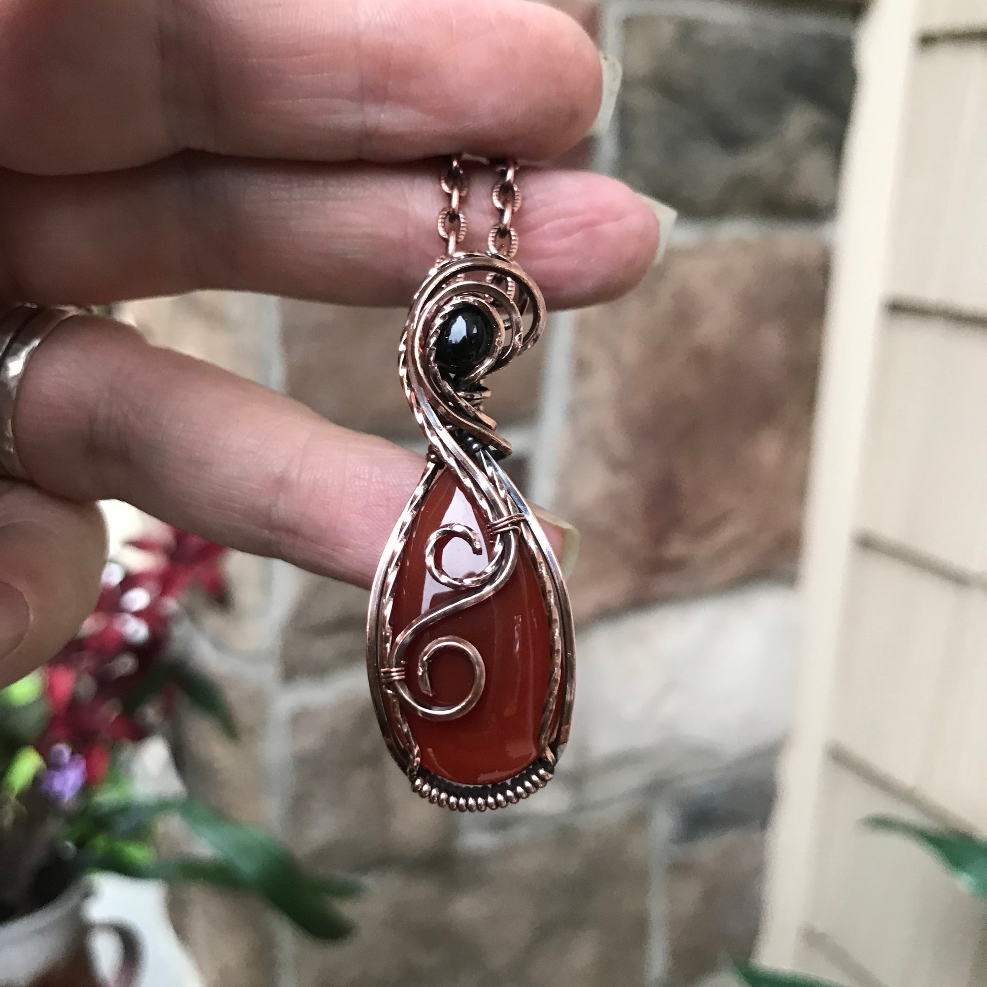 Carnelian & Smoky Quartz Teardrop Copper Pendant