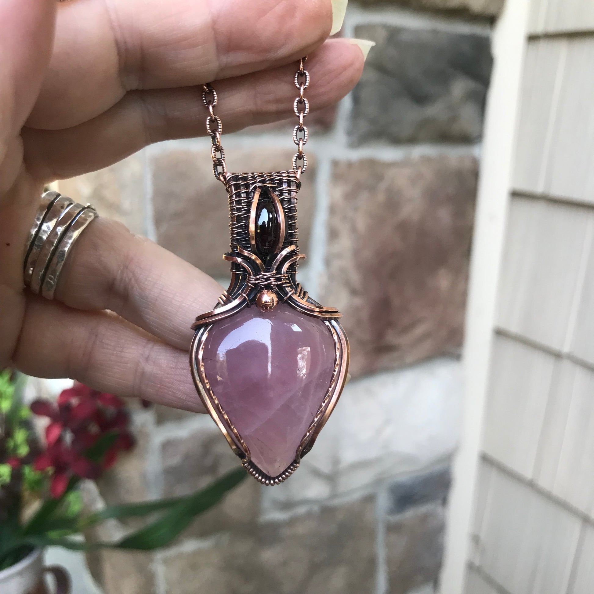 RESERVED for K - Rose Quartz & Garnet Copper Necklace with Weaving