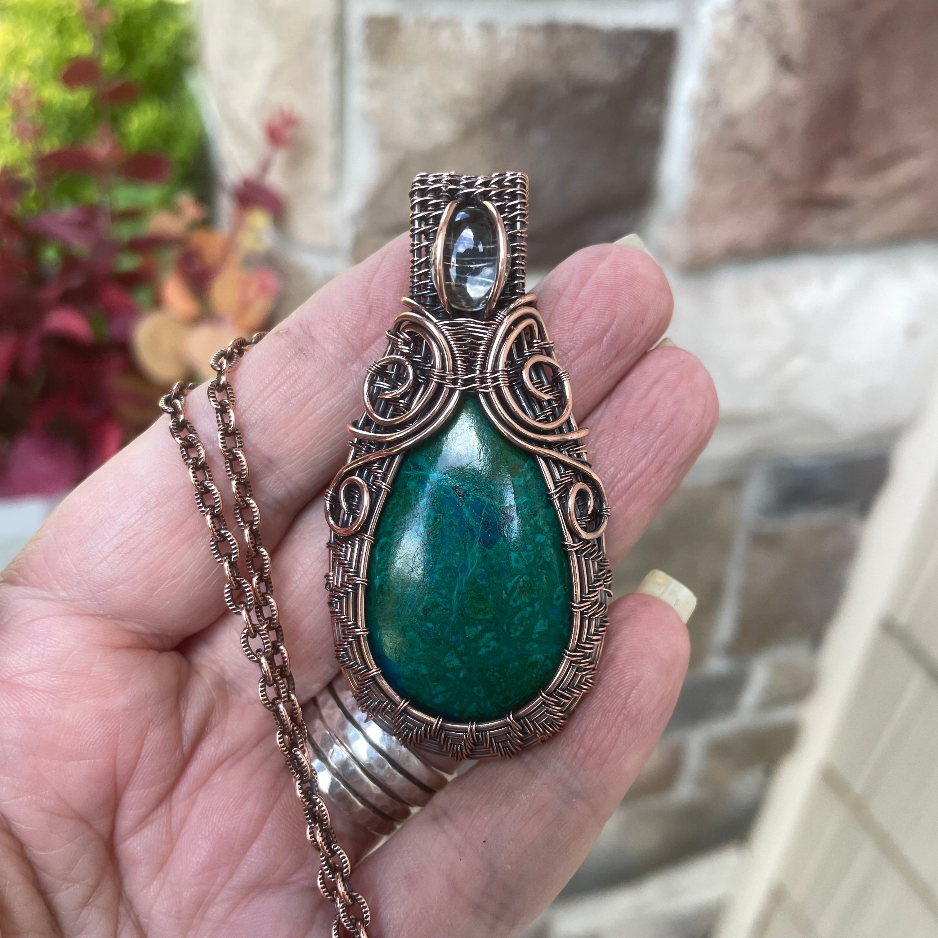 Chrysocolla & Prasiolite Woven Copper Pendant