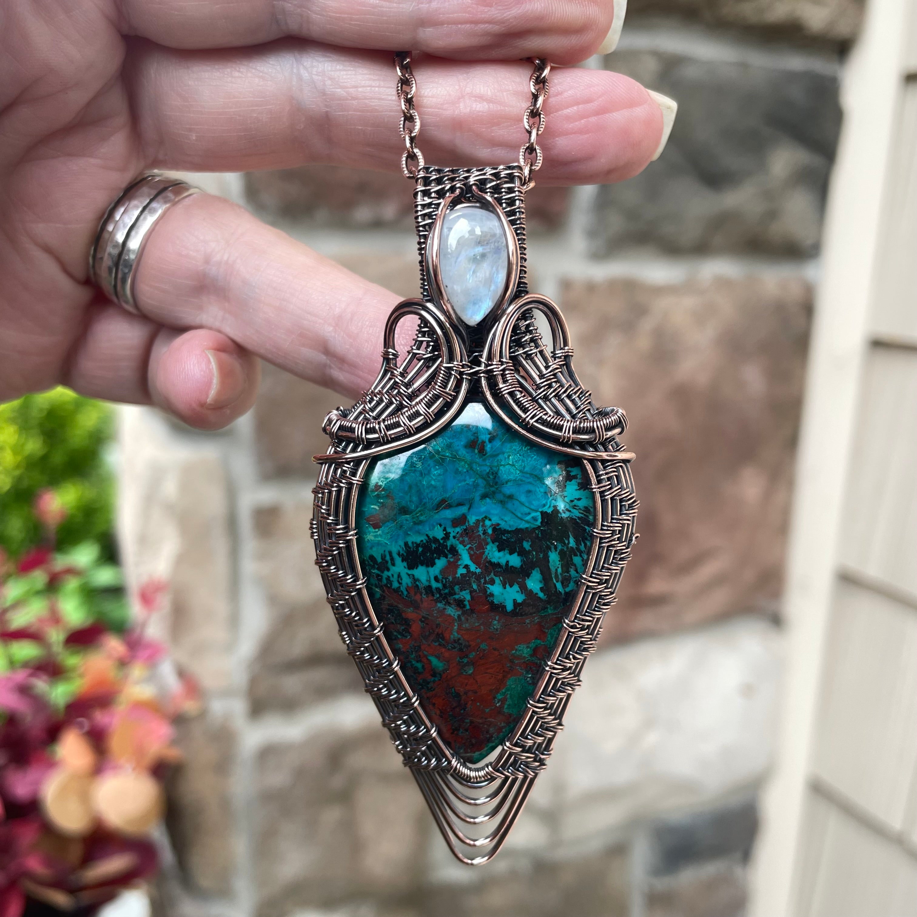 Chrysocolla & Moonstone Woven Statement Pendant