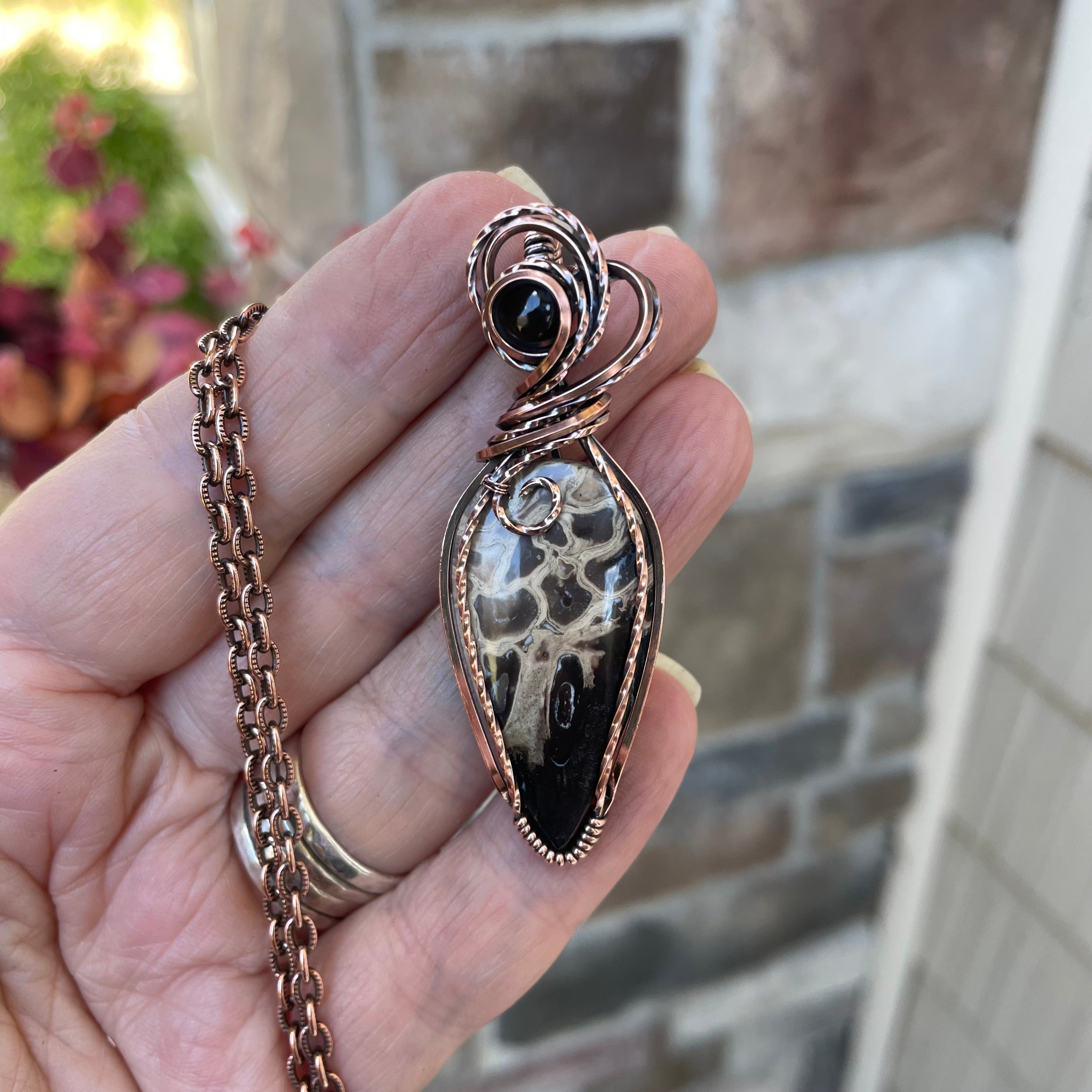 Petrified Palm Wood & Smoky Quartz Copper Necklace