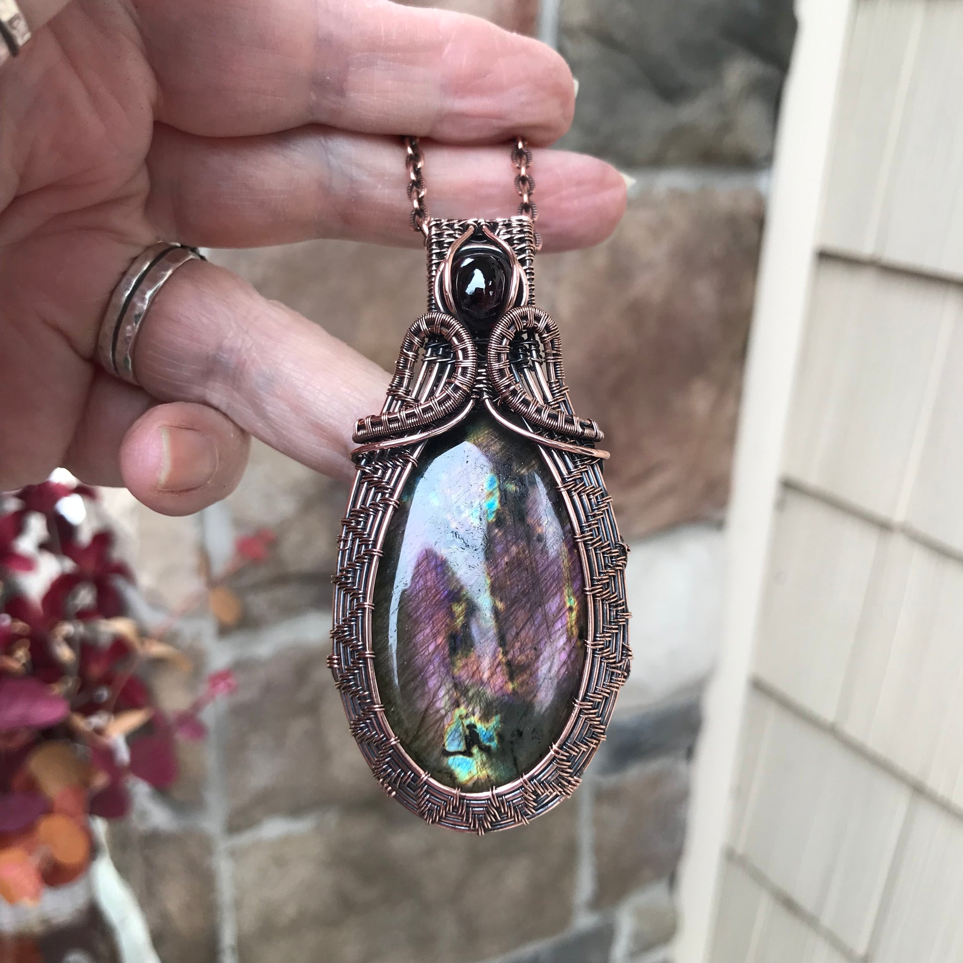 Purple Maroon Labradorite & Garnet Woven Copper Pendant