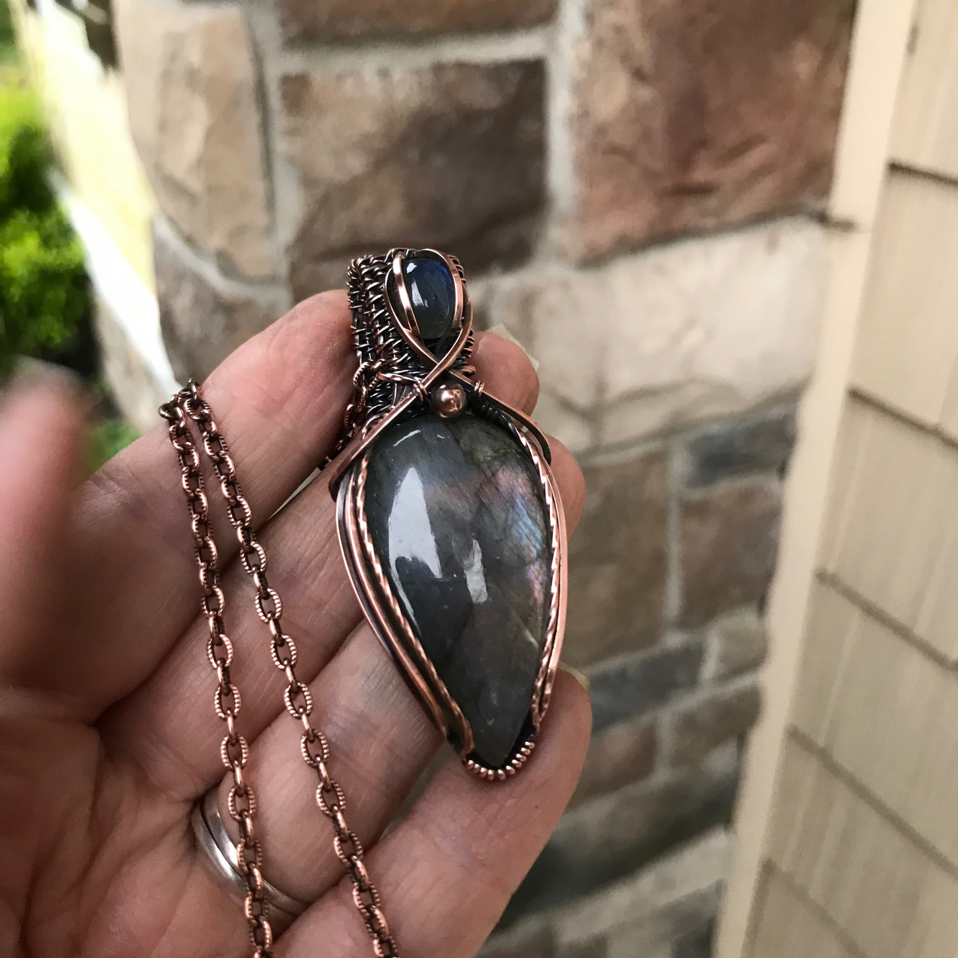 Rainbow Blue Labradorite Copper Pendant with Woven Bail