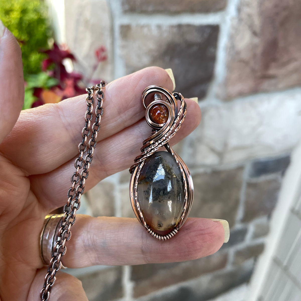 Graveyard Point Plume Agate & Sunstone Copper Necklace