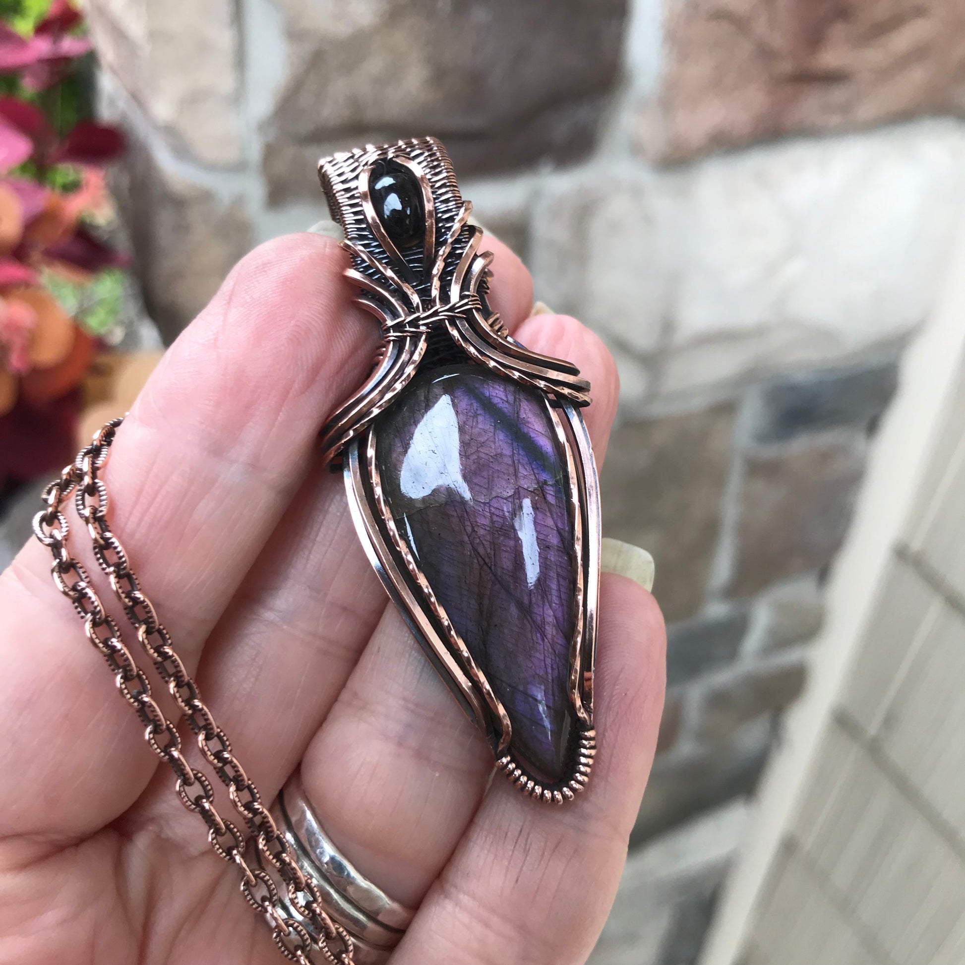 Purple Labradorite & Garnet Copper Pendant with Weaving
