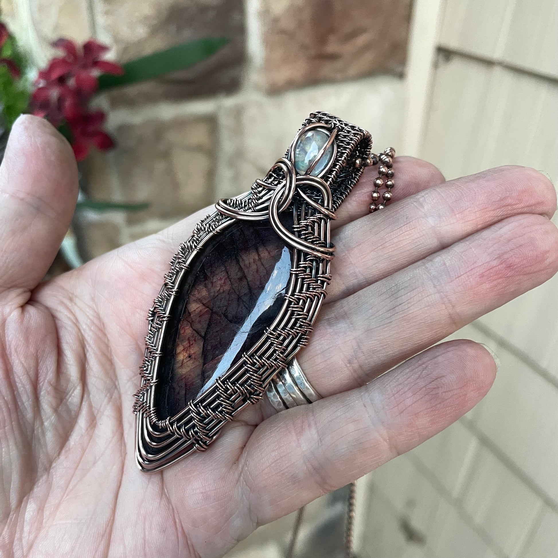 Maroon Gold Labradorite with Moonstone Woven Copper Pendant