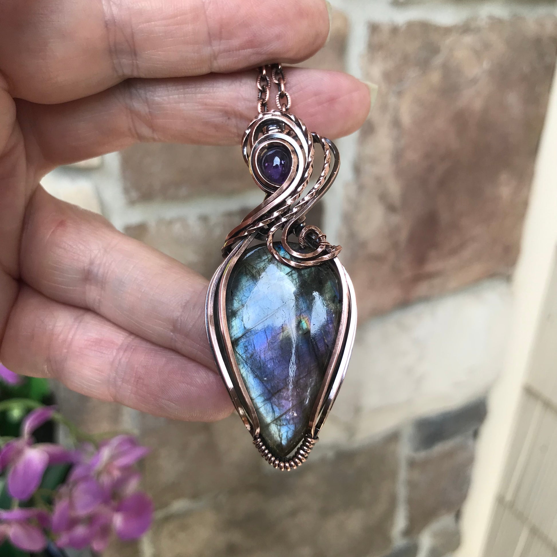 Blue Purple Labradorite & Amethyst Large Copper Pendant