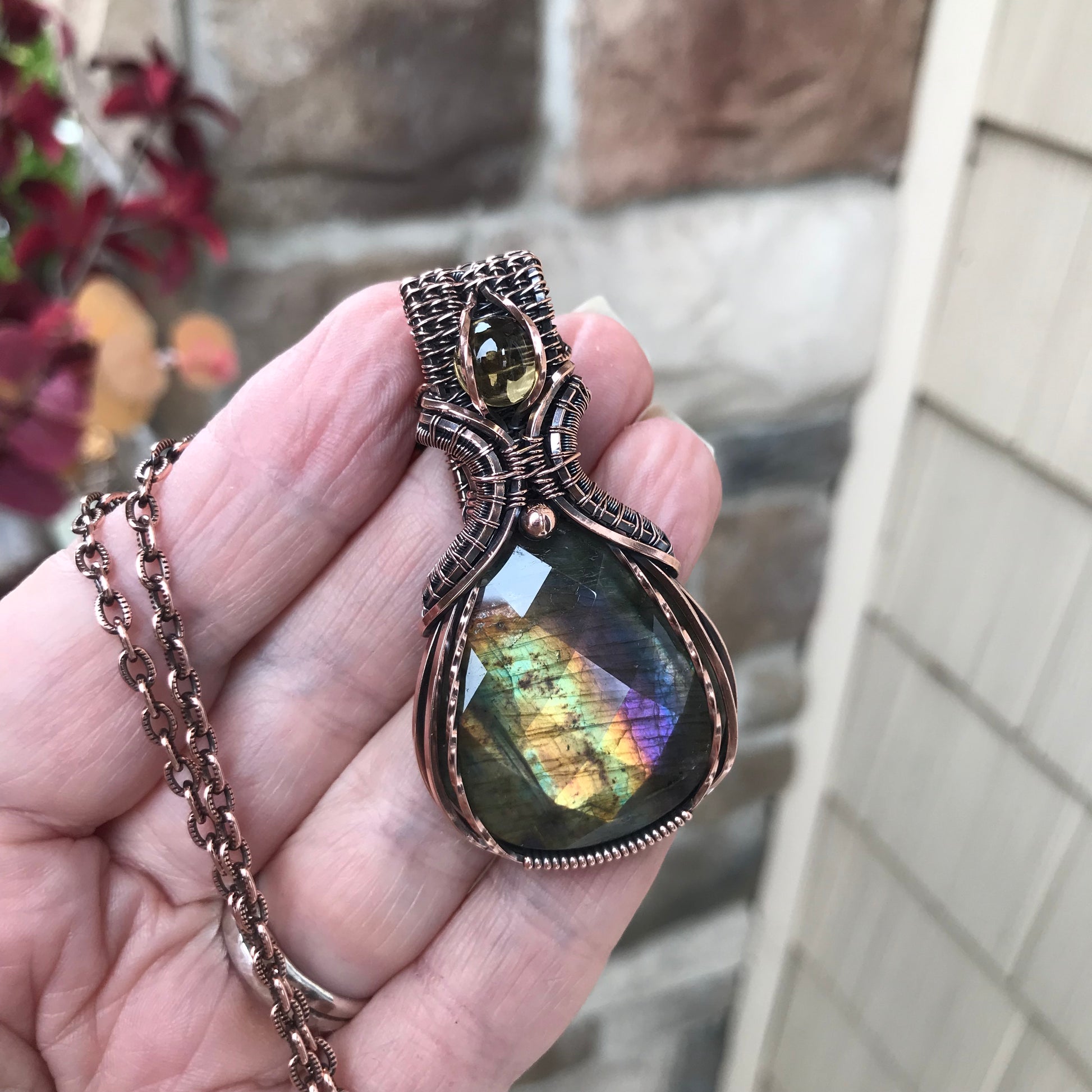 Yellow Purple Faceted Labradorite & Citrine Copper Pendant