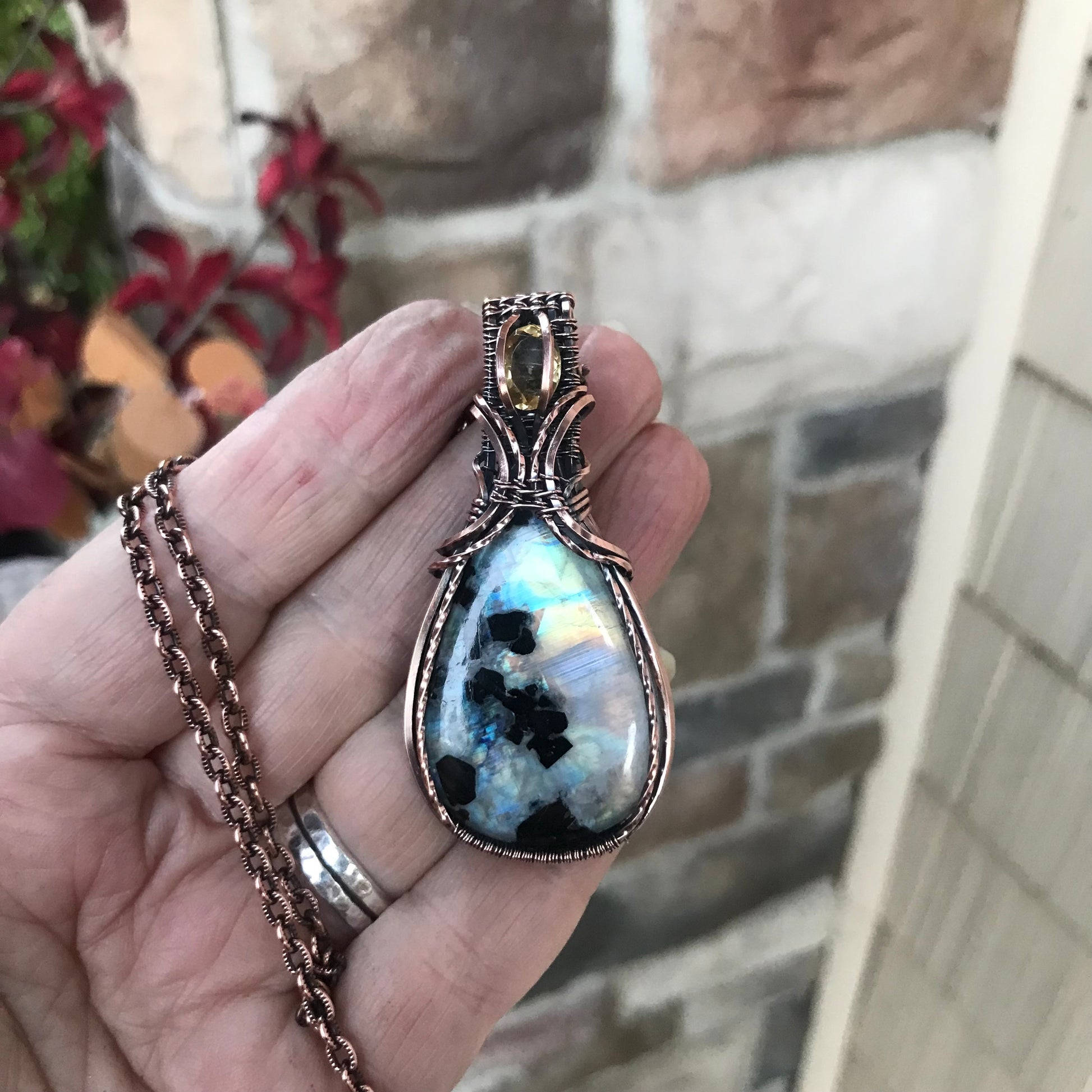 Rainbow Moonstone & Citrine Copper Pendant with Weaving