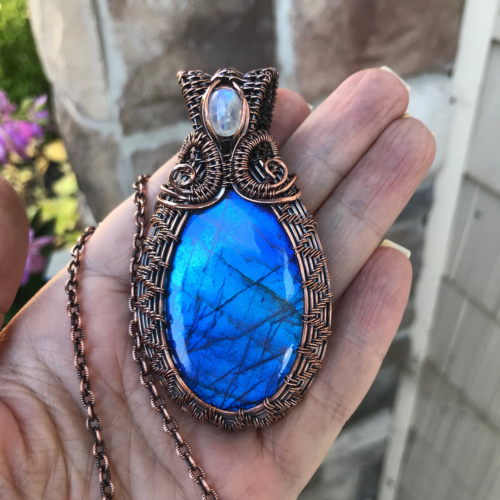 Blue Labradorite & Moonstone Copper Wire Weave Necklace