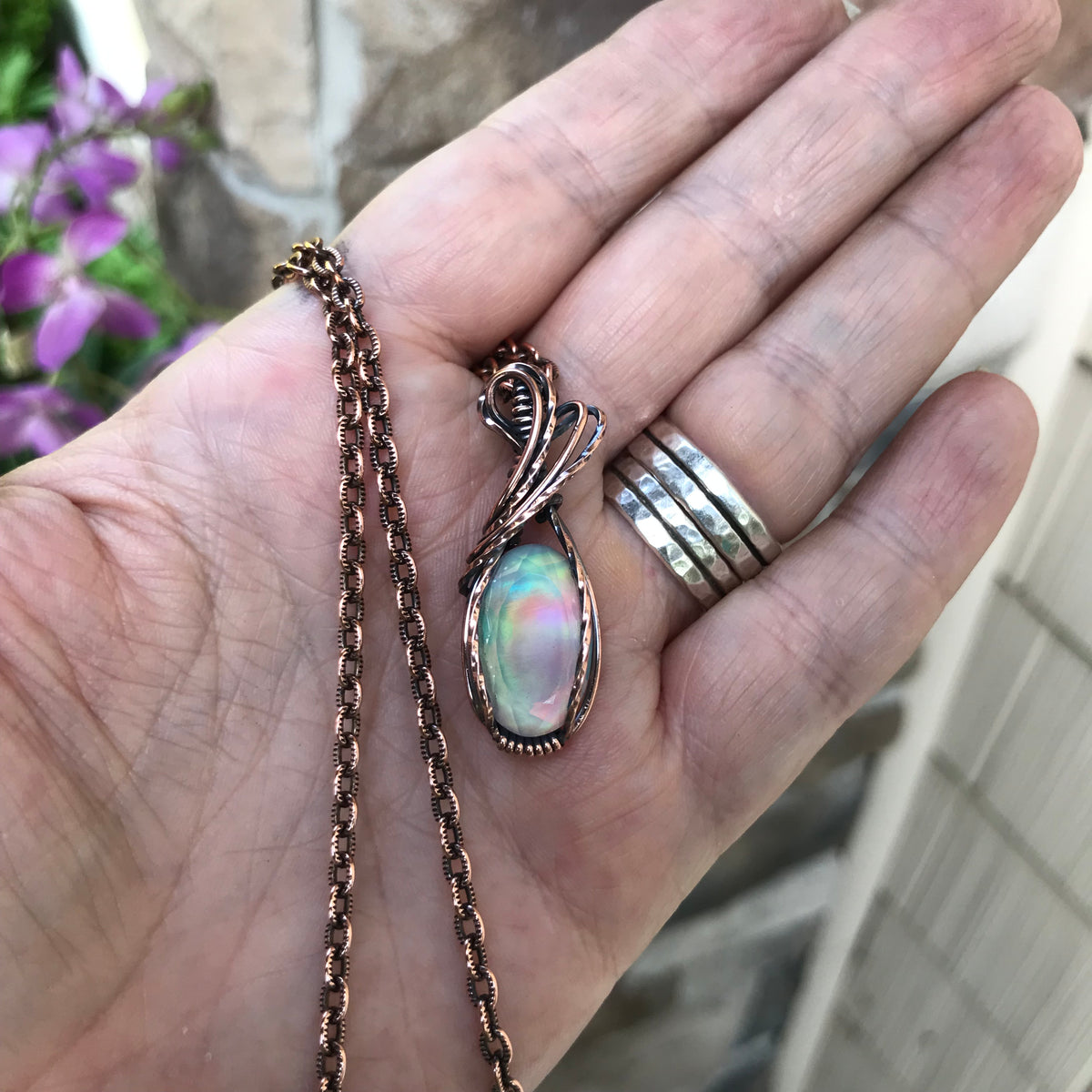 Aurora Opal Green Pink Copper Necklace