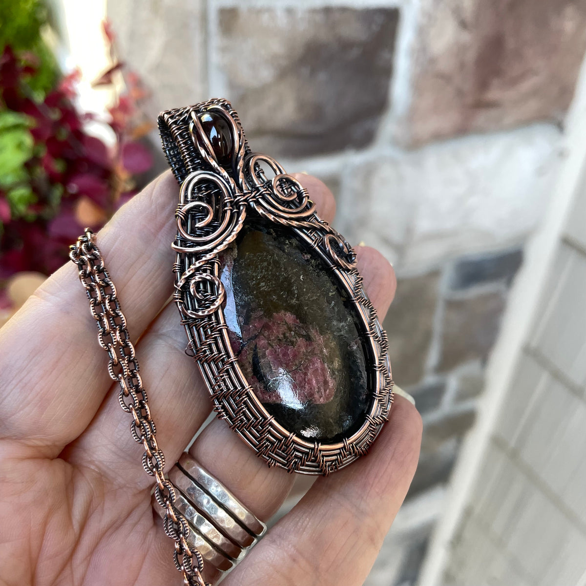 Dark Ruby Zoisite & Garnet Woven Copper Pendant