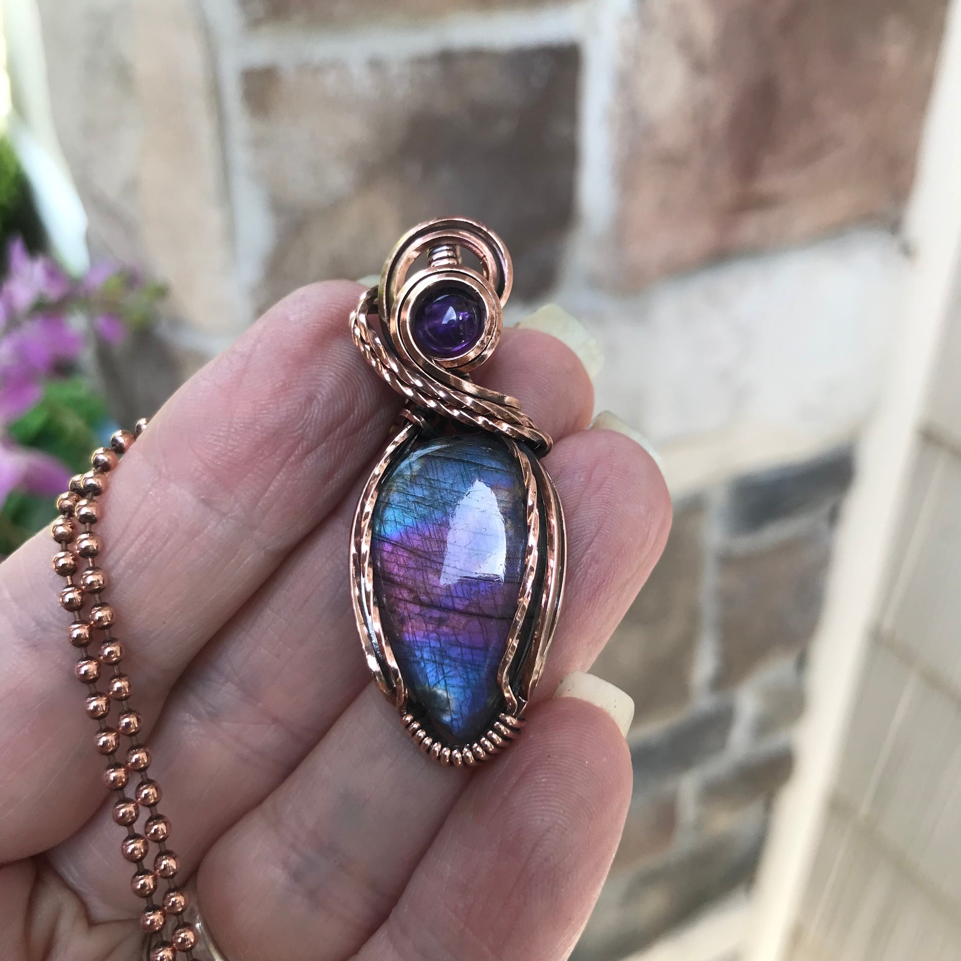 Blue Pink Labradorite & Amethyst Copper Necklace