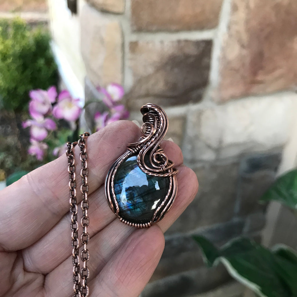 blue teal labradorite small round copper pendant