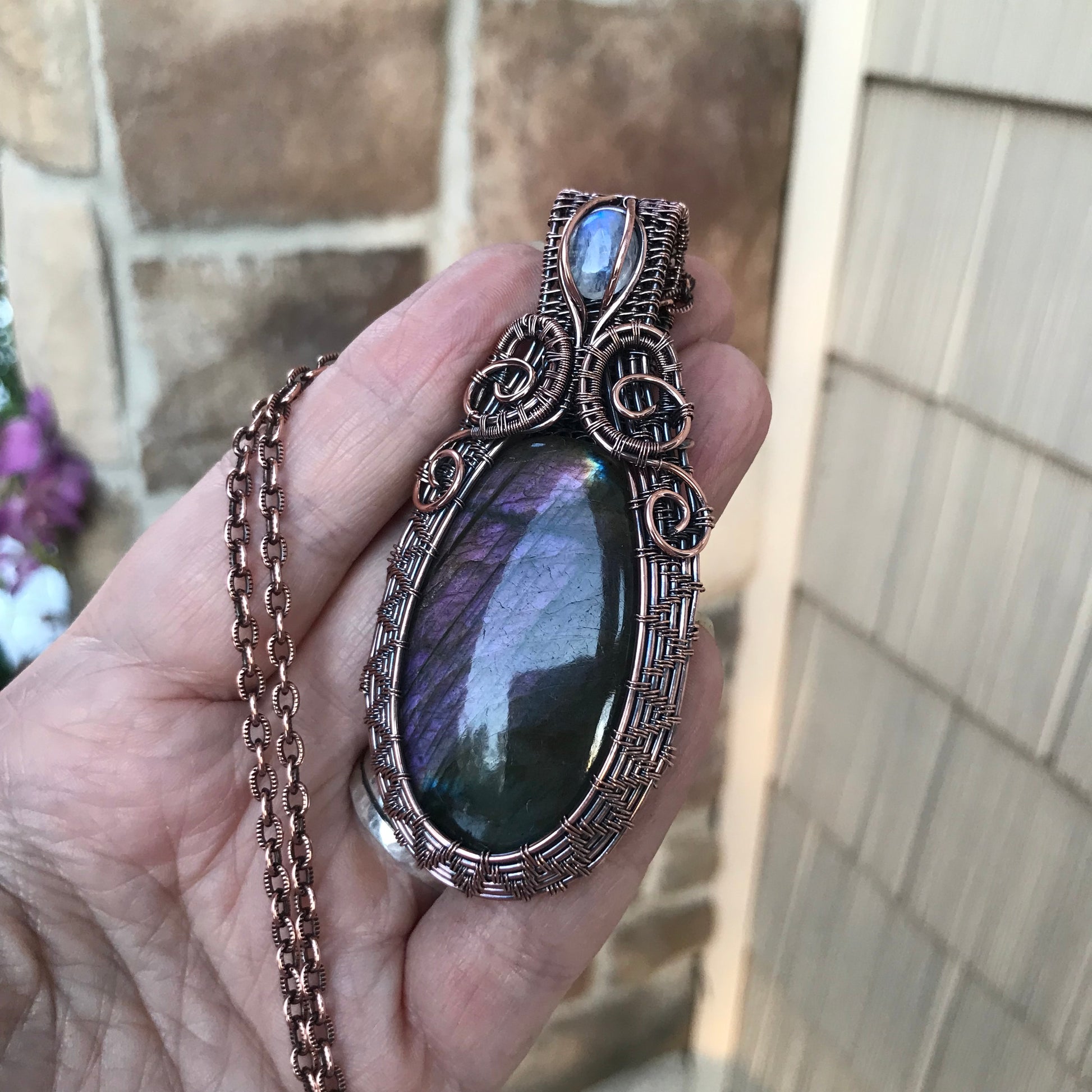 Purple Labradorite & Moonstone Oval Woven Copper Pendant