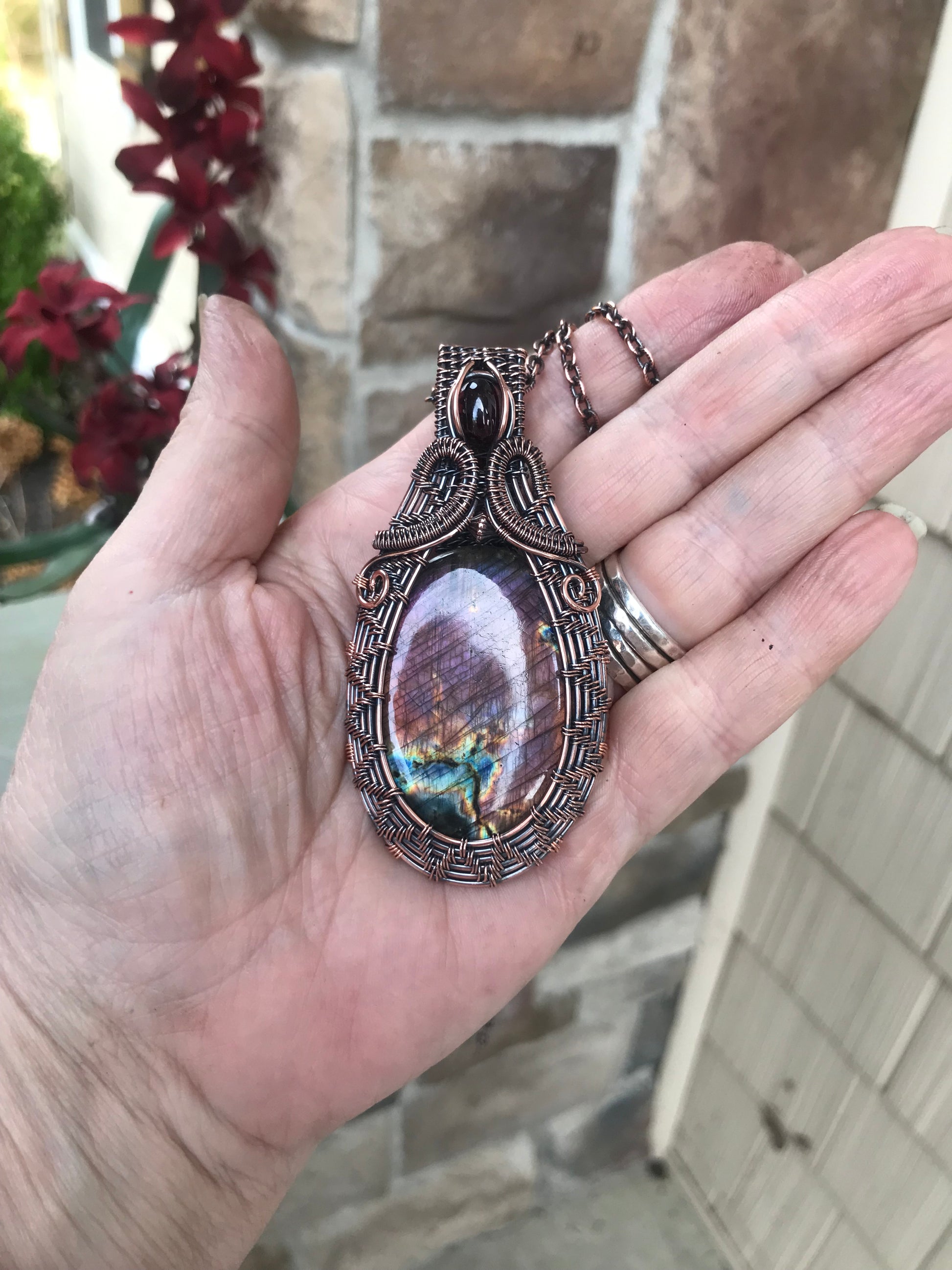Purple Pink Labradorite with Garnet Woven Copper Pendant