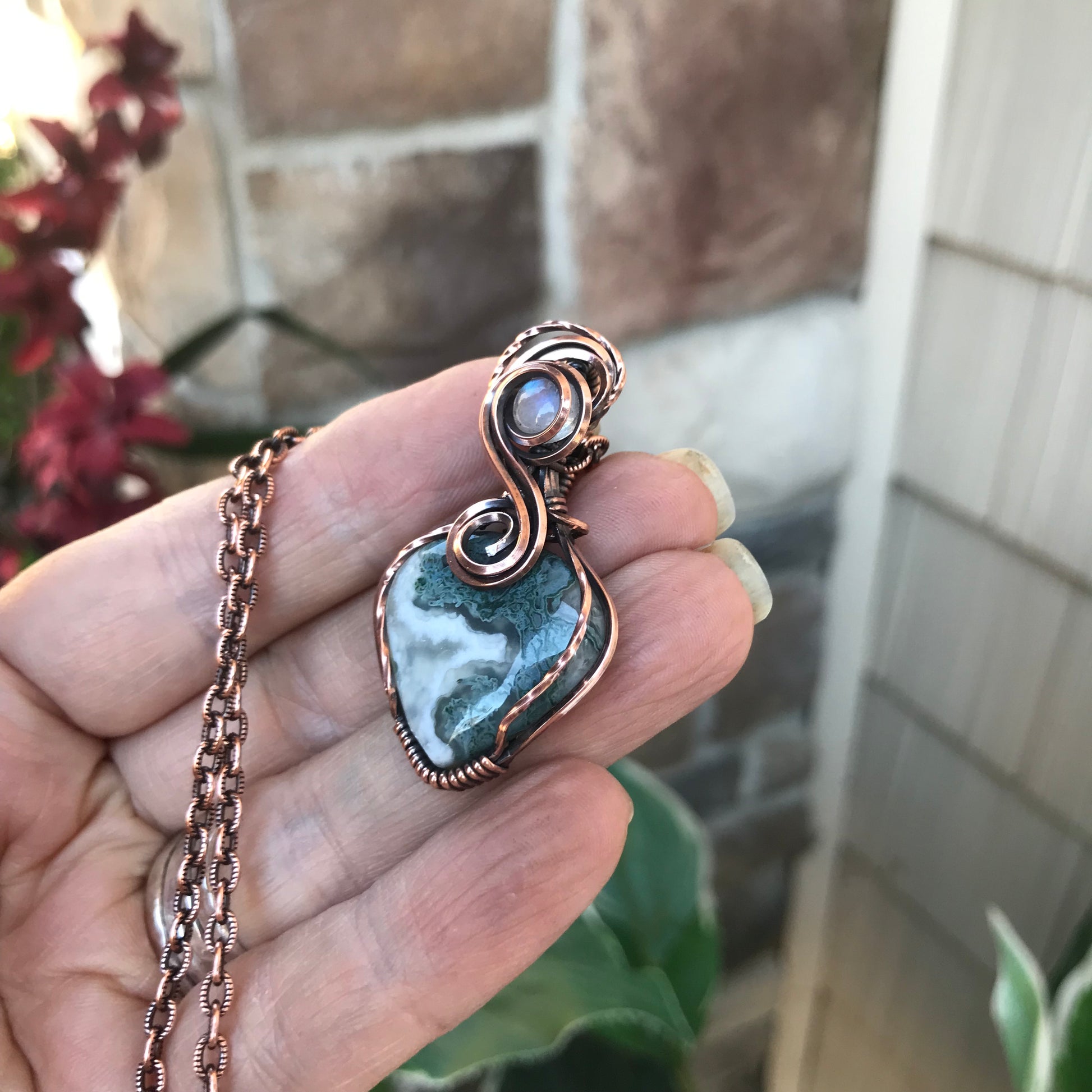 Teal Moss Agate Small Copper Pendant