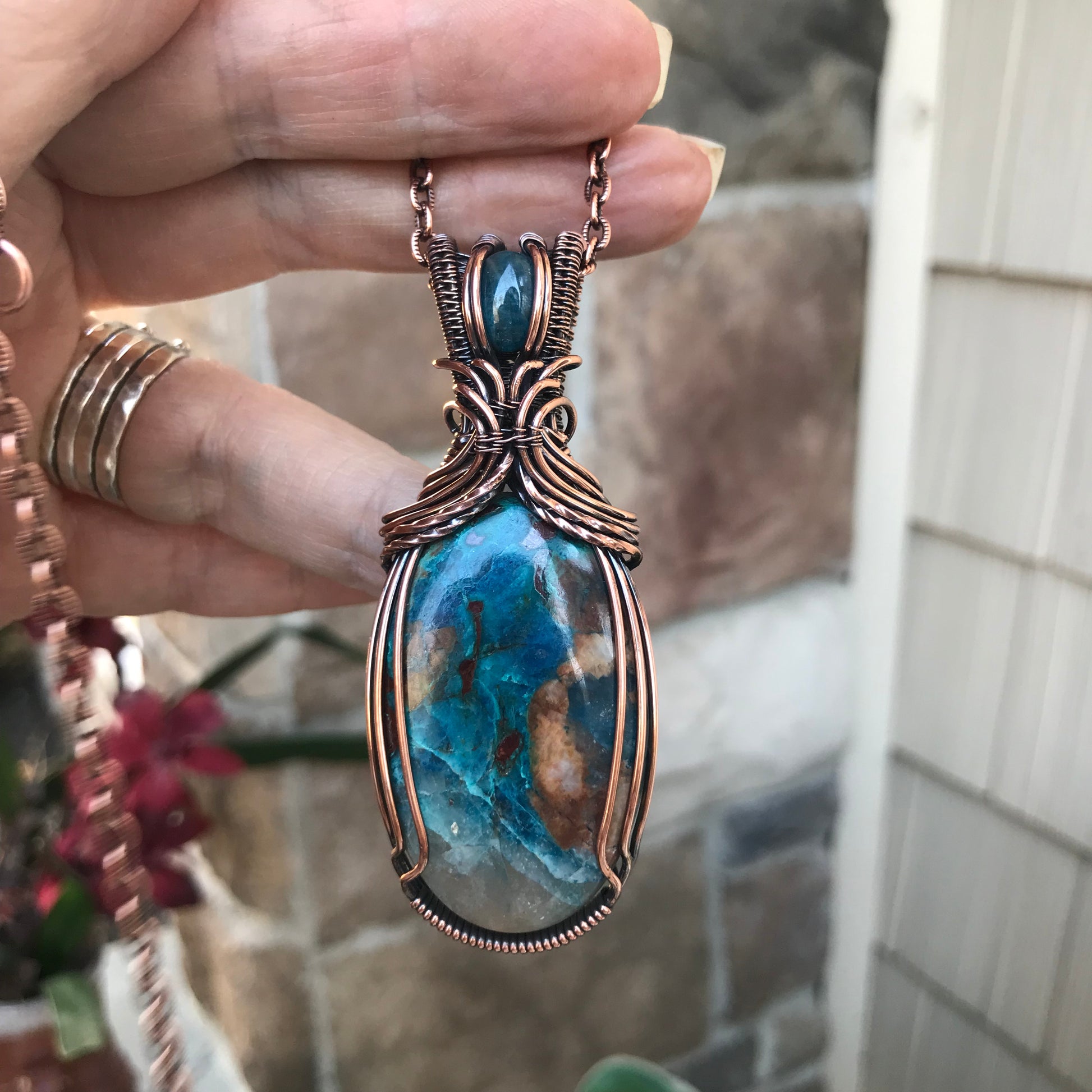 Chrysocolla & Apatite Copper Pendant