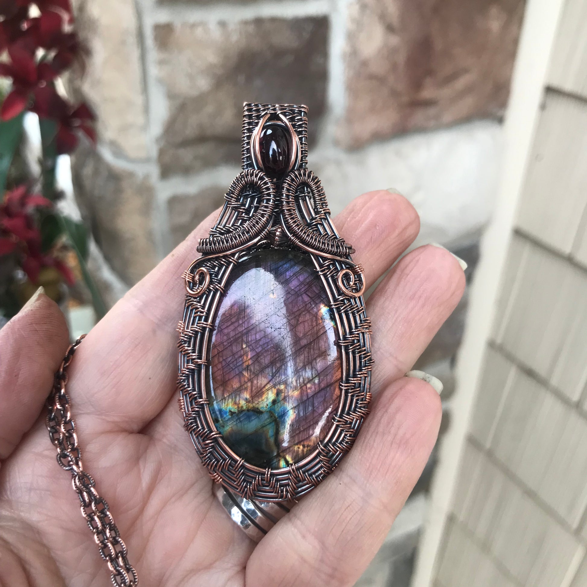 Purple Pink Labradorite with Garnet Woven Copper Pendant