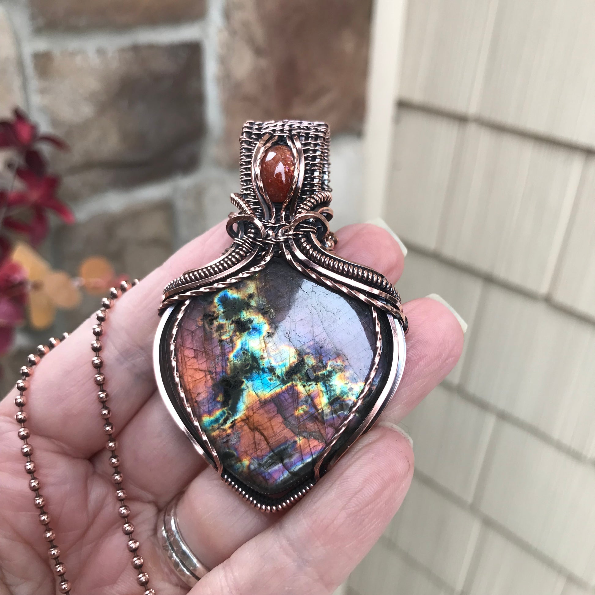 Orange Purple Rainbow Labradorite & Sunstone Copper Pendant with Weaving