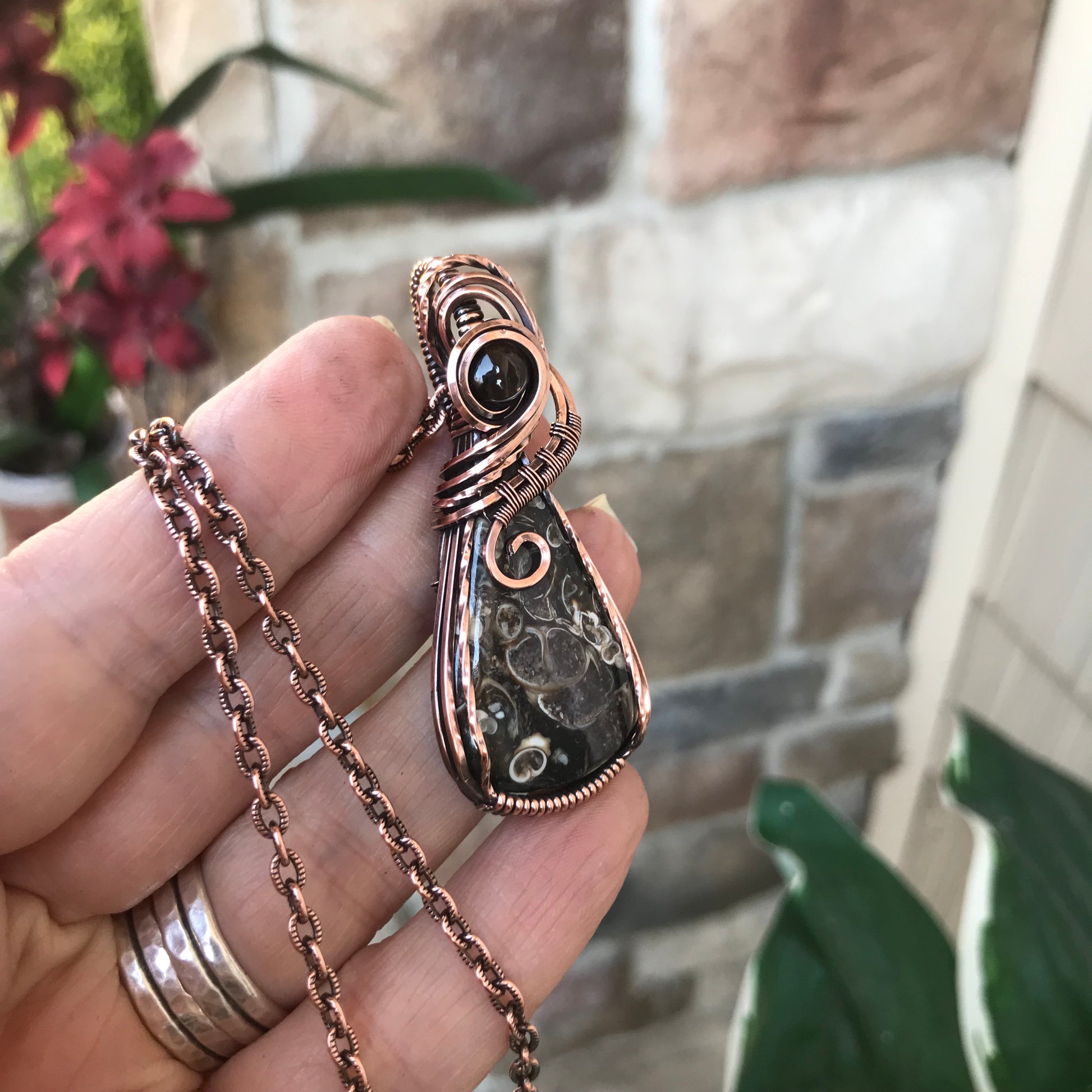 Turritella Fossil Agate & Smoky Quartz Copper Pendant