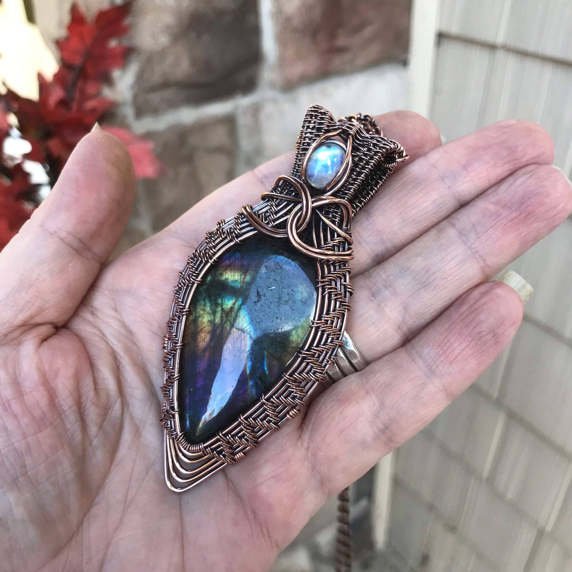 Rainbow Labradorite & Moonstone Copper Wire Weave Pendant