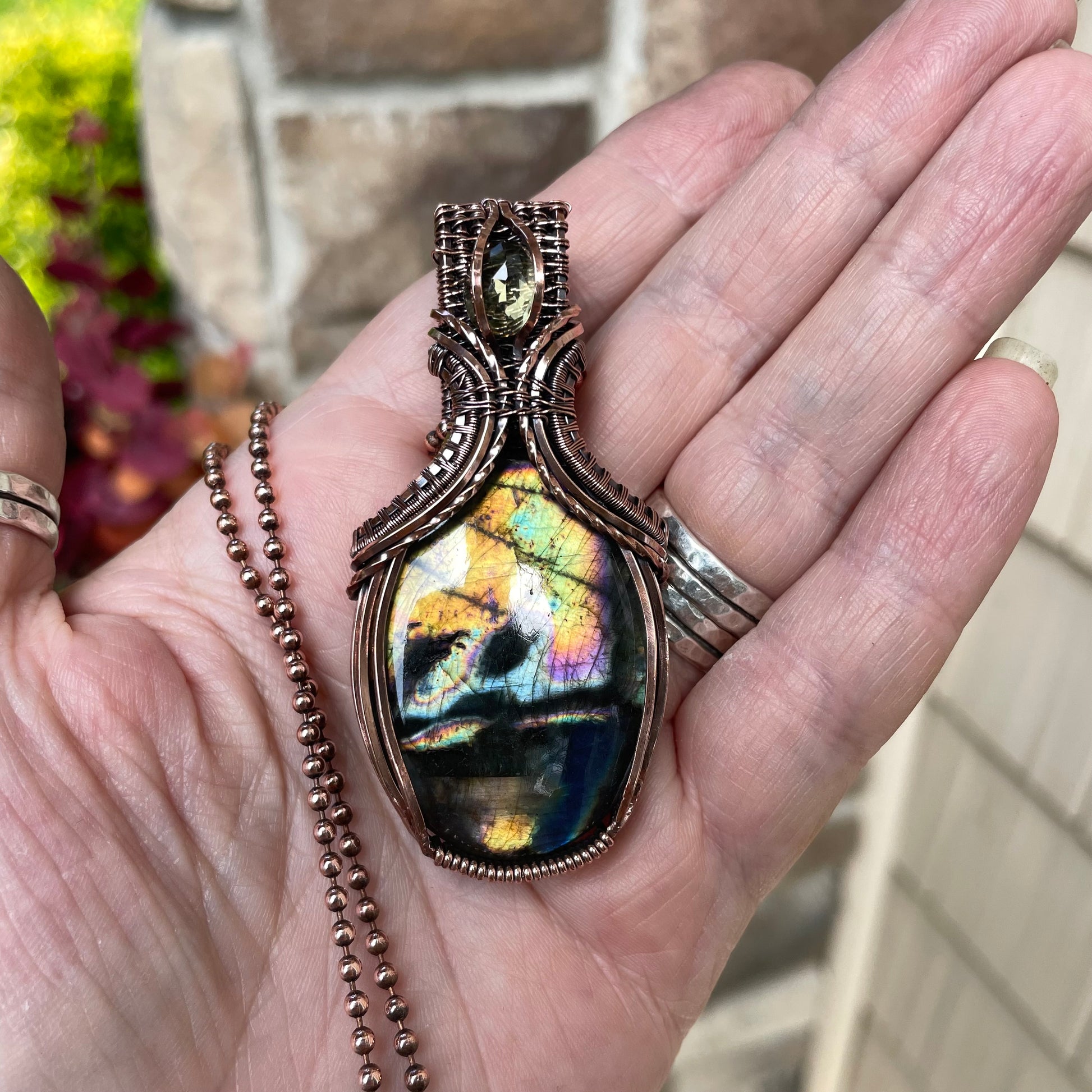 Yellow Orange Labradorite & Lemon Quartz Oval Copper Necklace with Weaving