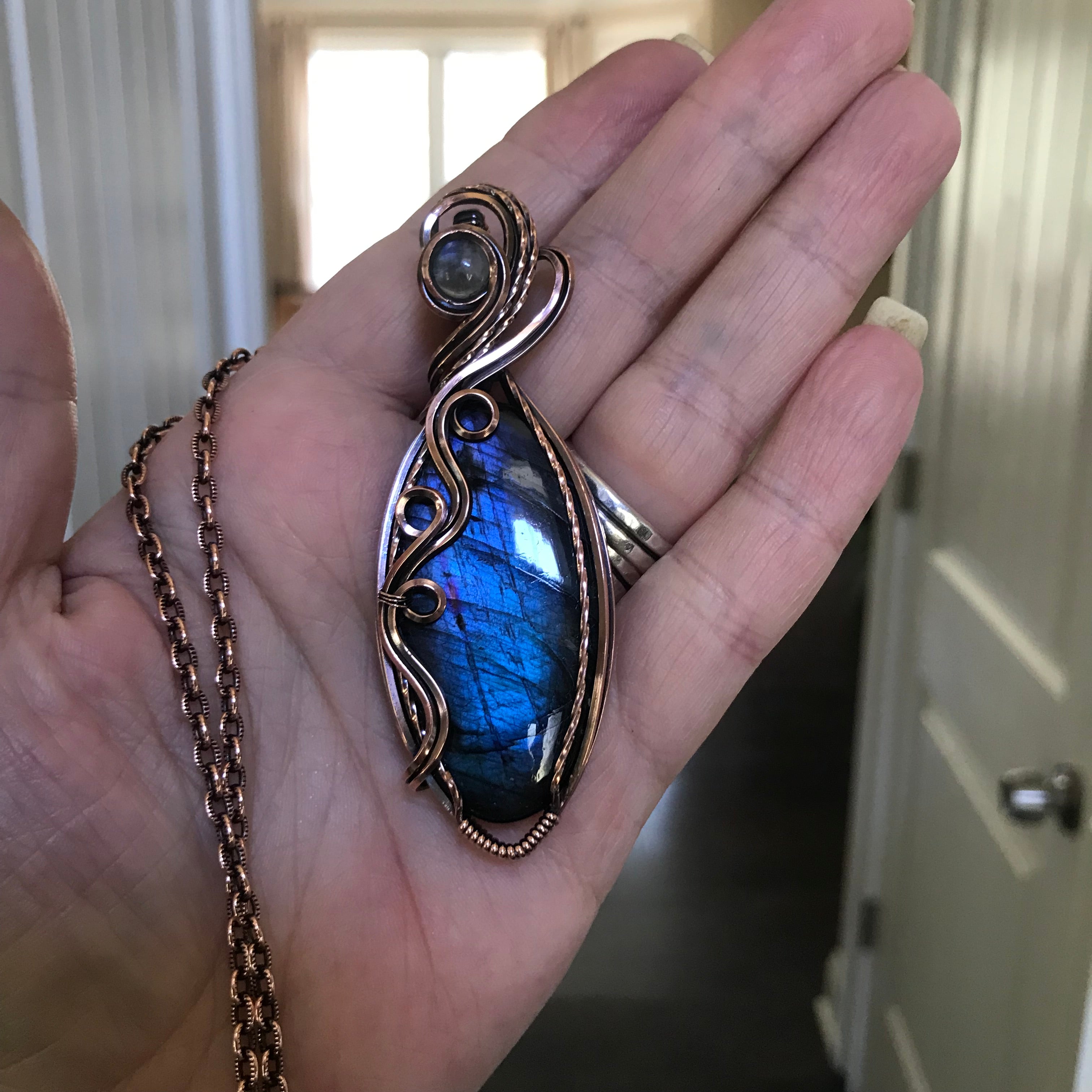 Blue Oval Labradorite & Moonstone Swirly Copper Pendant
