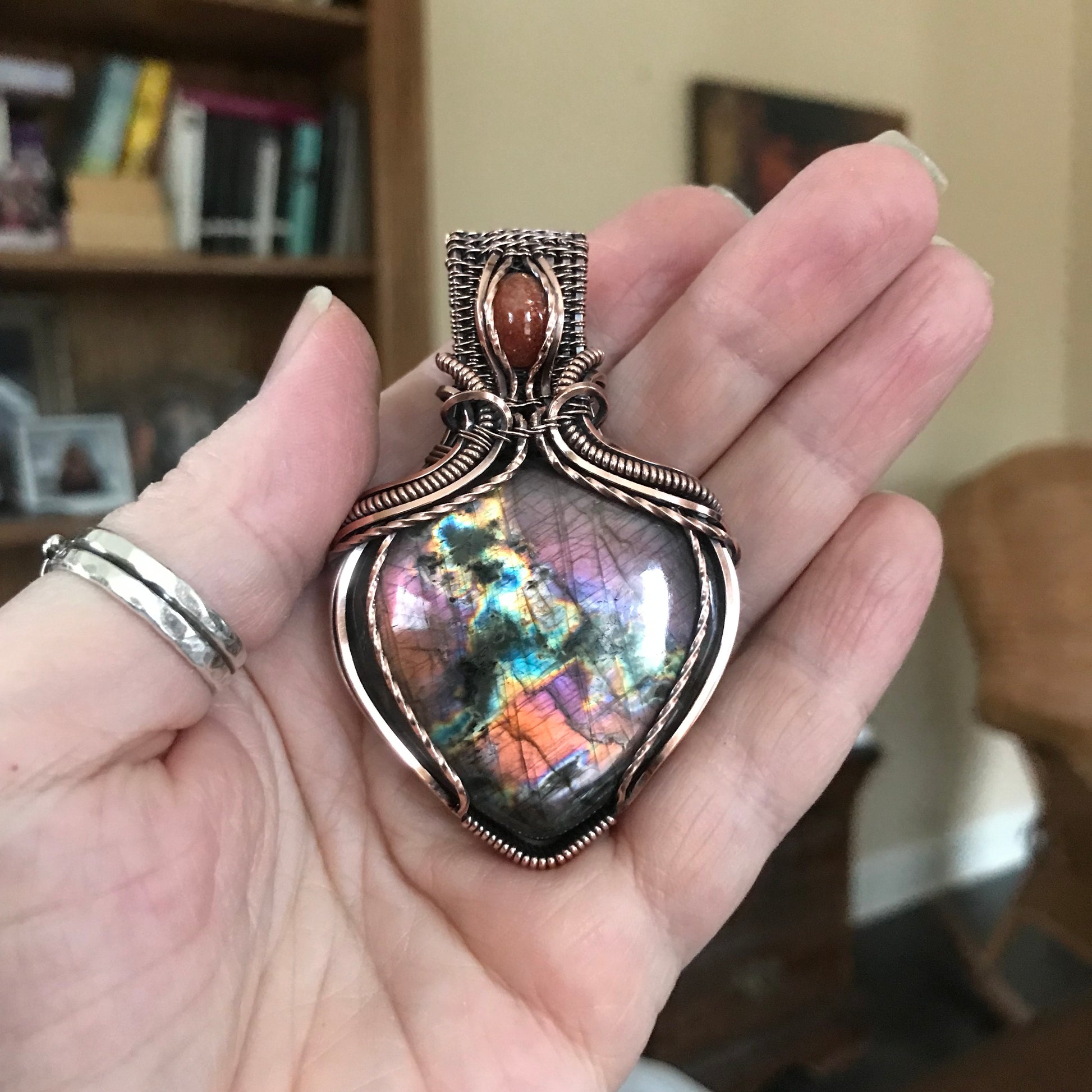 Orange Purple Rainbow Labradorite & Sunstone Copper Pendant with Weaving