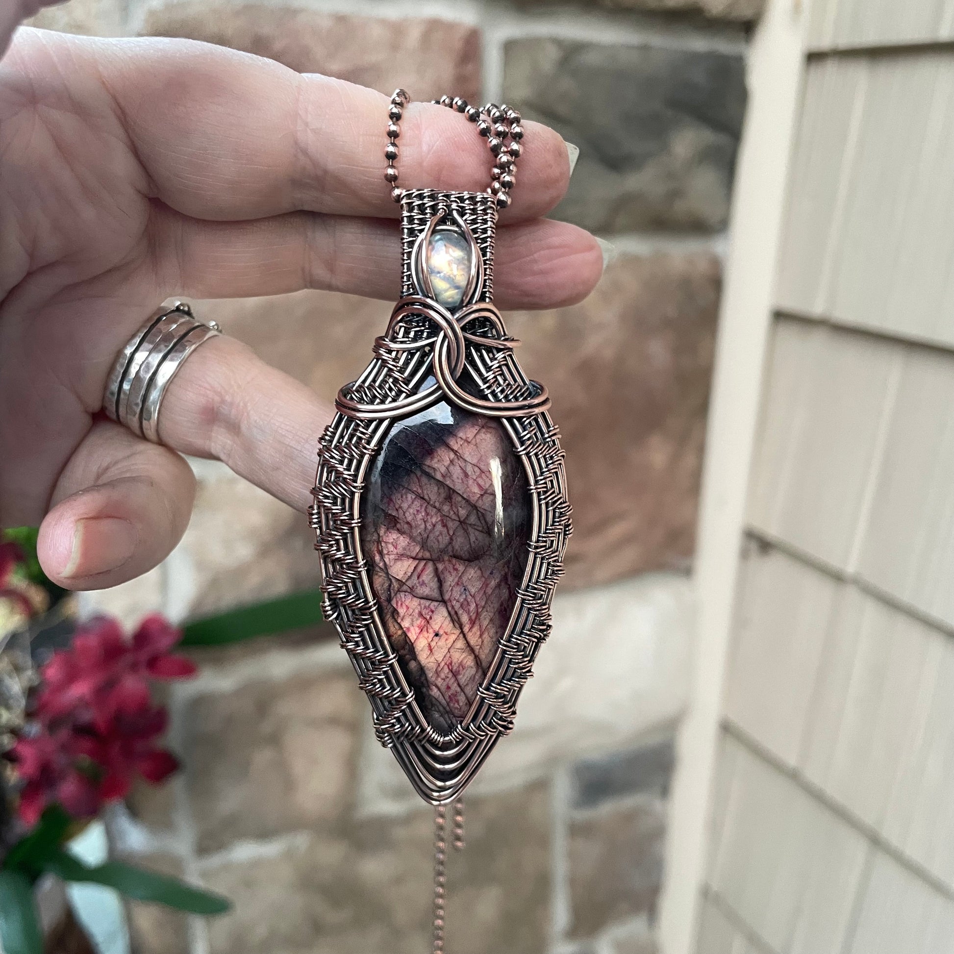 Maroon Gold Labradorite with Moonstone Woven Copper Pendant