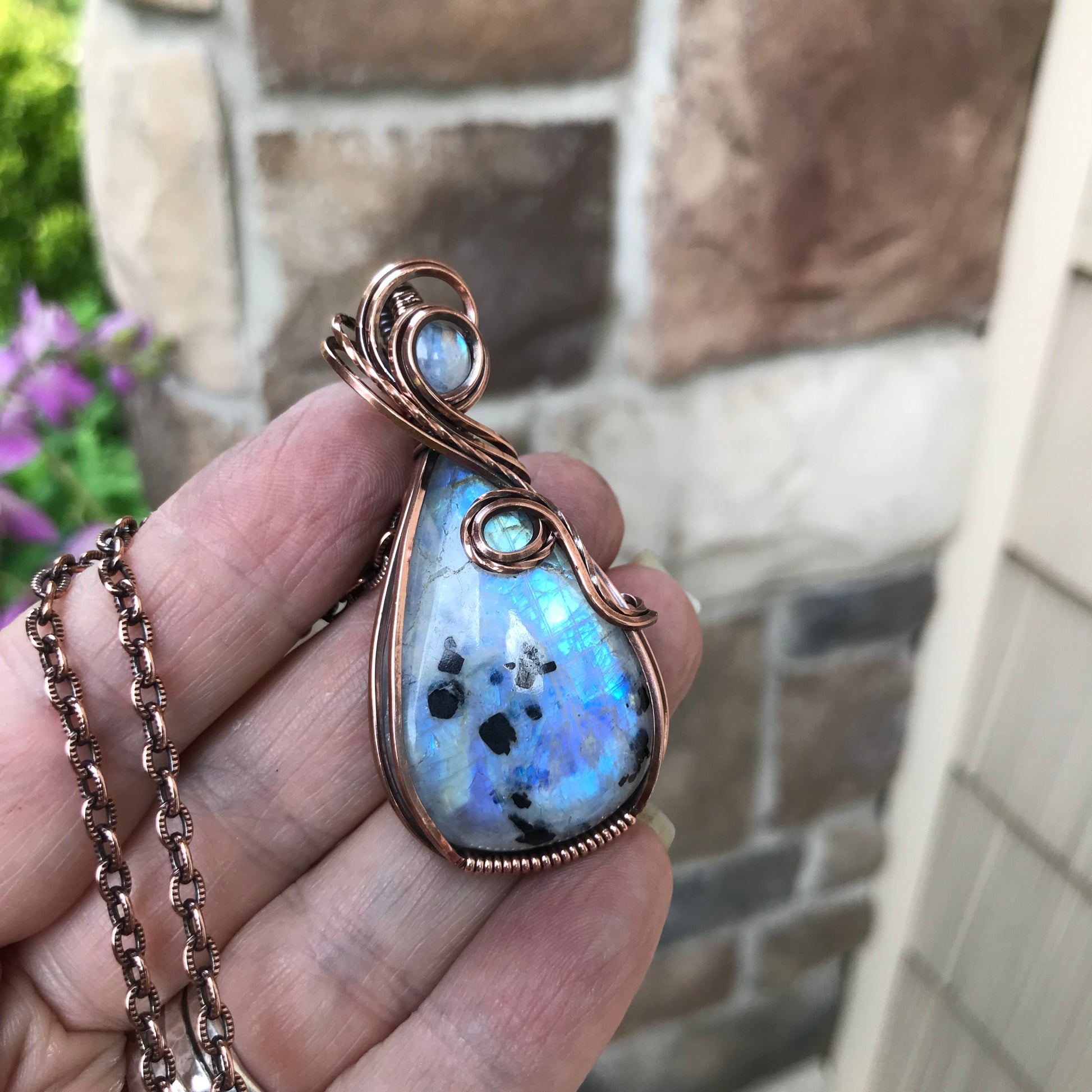 Moonstone with Black Tourmaline Copper Pendant
