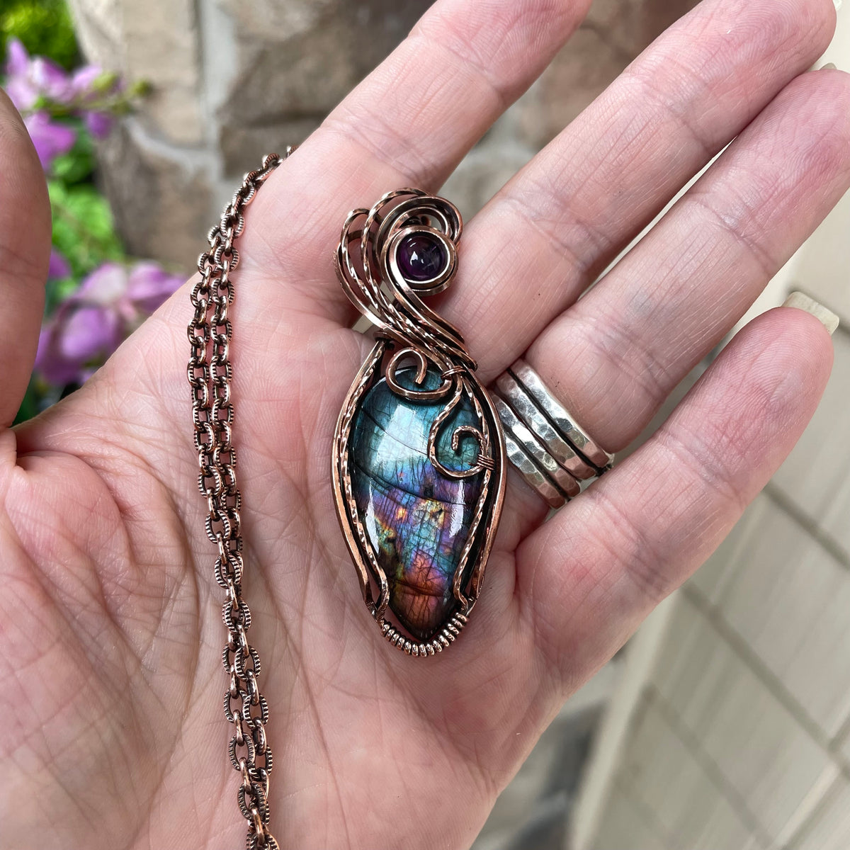 Teal Rainbow Labradorite & Amethyst Swirly Copper Pendant