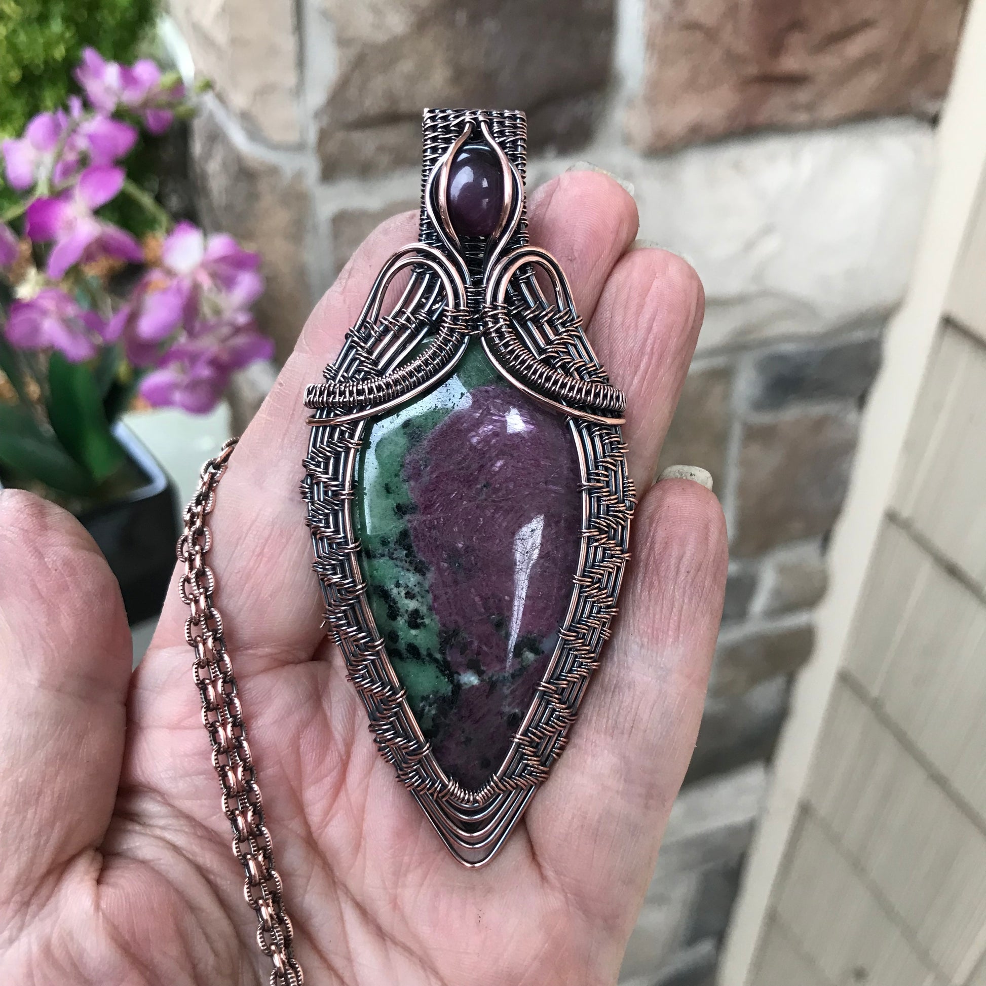 Ruby Zoisite & Pink Cat’s Eye Woven Copper Pendant