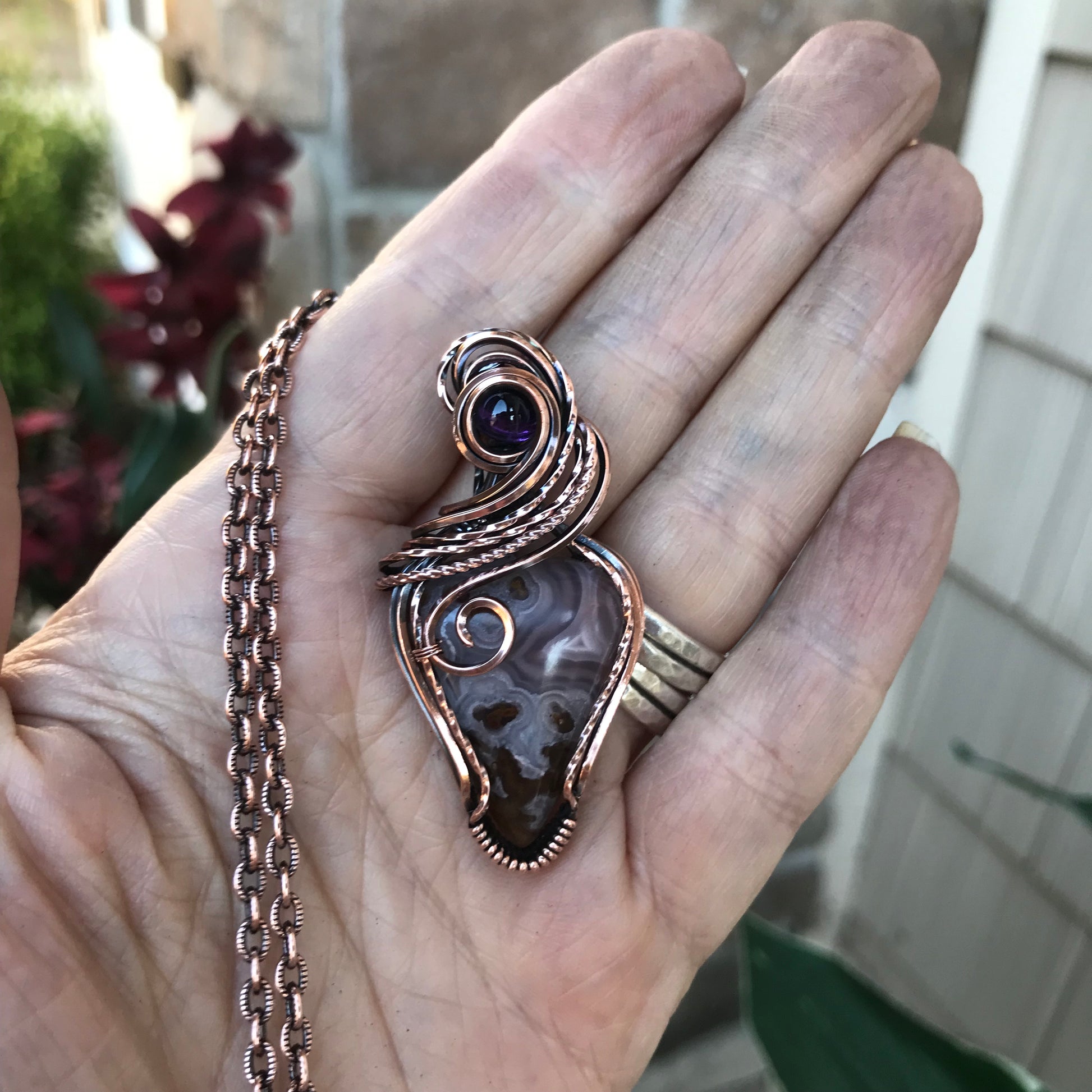 Pink Plume Moss Agate (Agua Nueva) w/Amethyst Copper Pendant