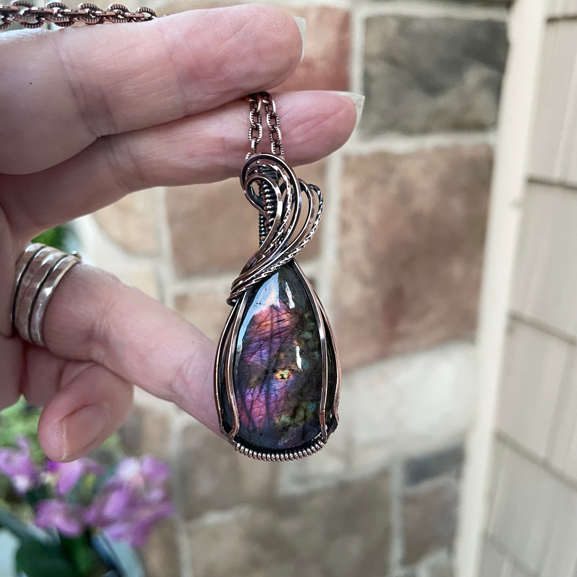 Pink & Purple Labradorite Copper Pendant