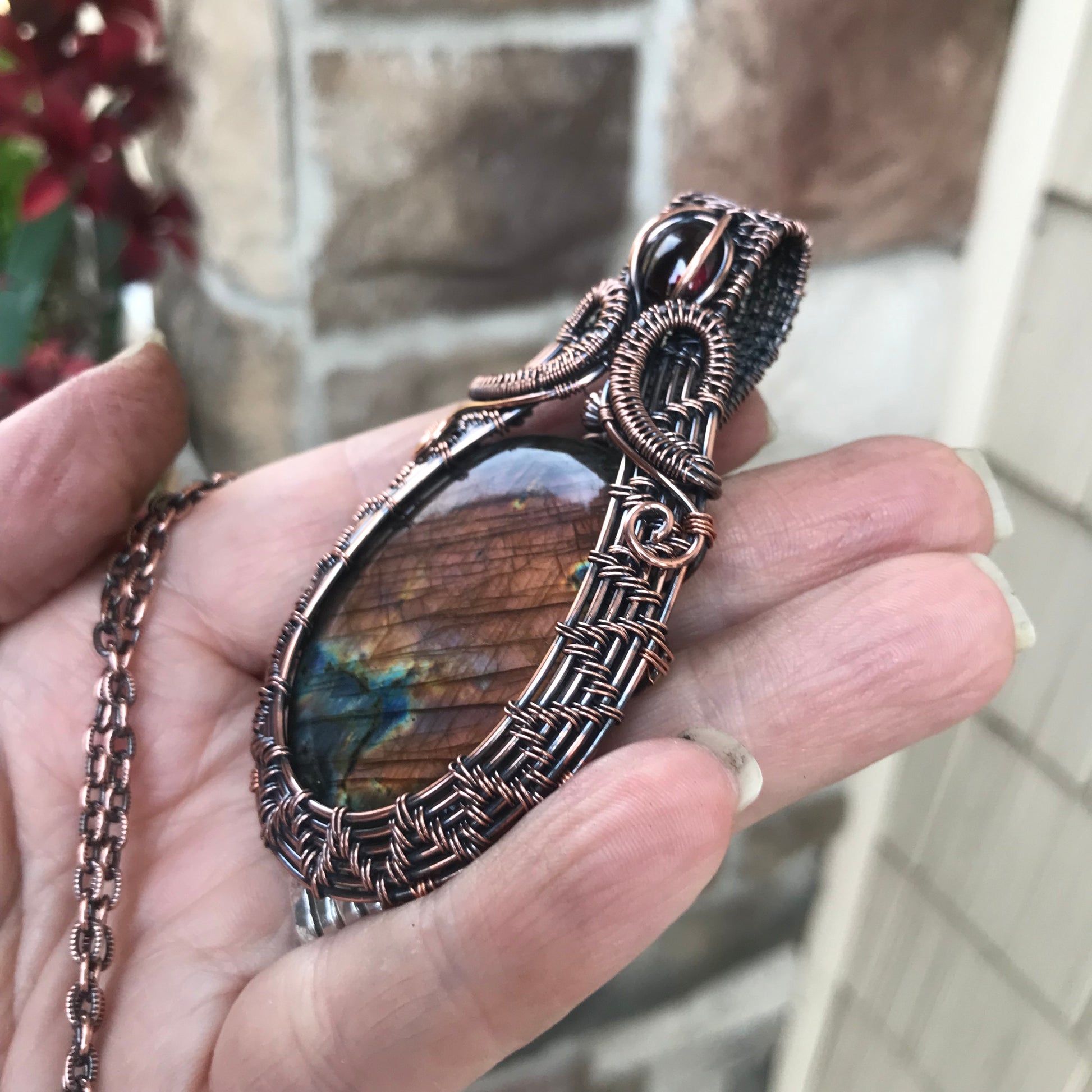 Purple Pink Labradorite with Garnet Woven Copper Pendant