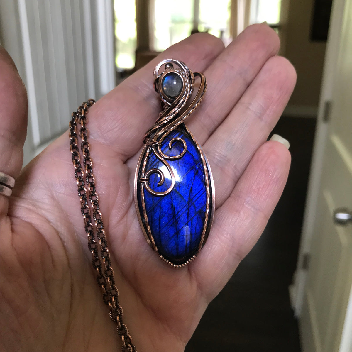 Electric Blue Labradorite & Moonstone Swirly Copper Pendant